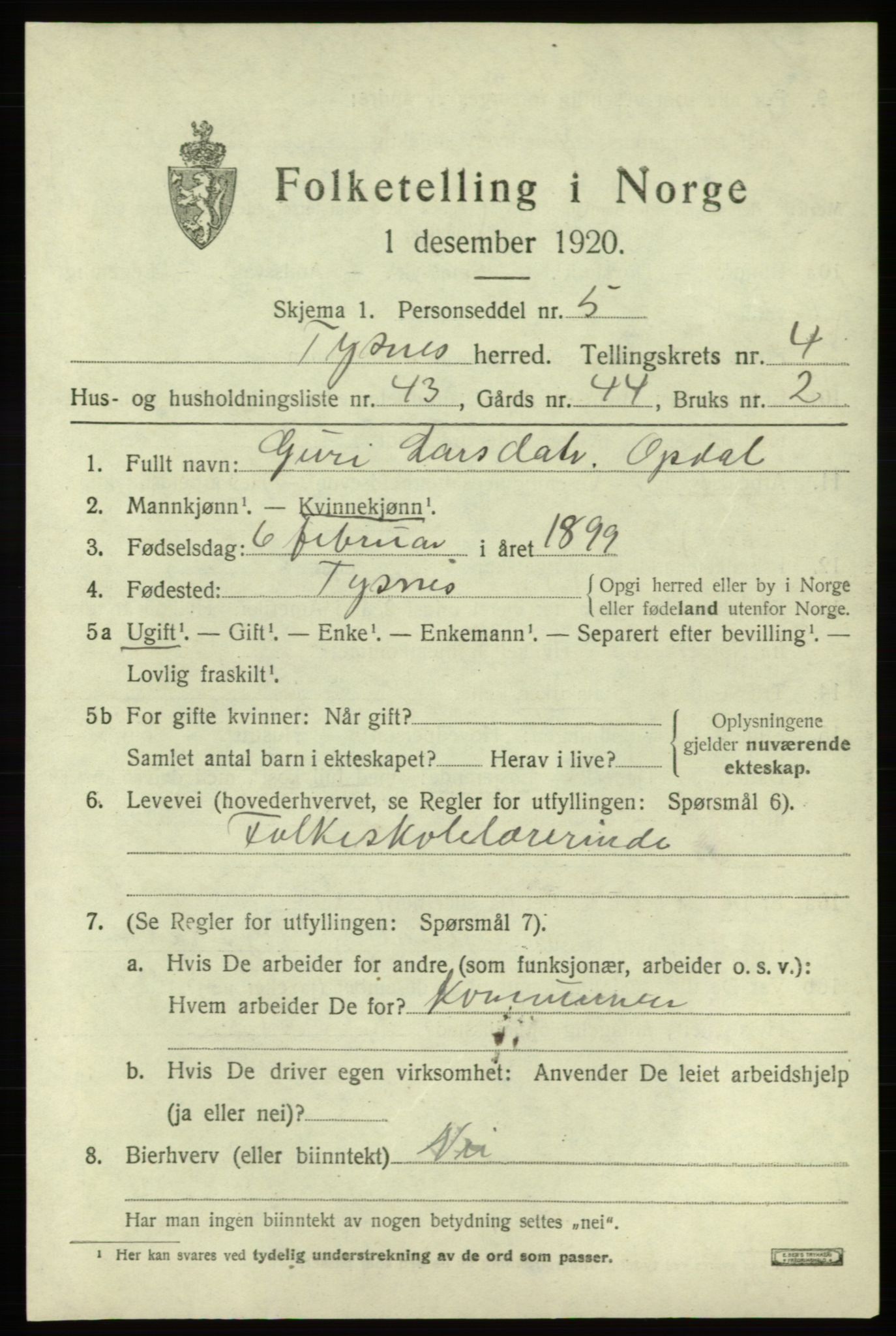 SAB, 1920 census for Tysnes, 1920, p. 3698
