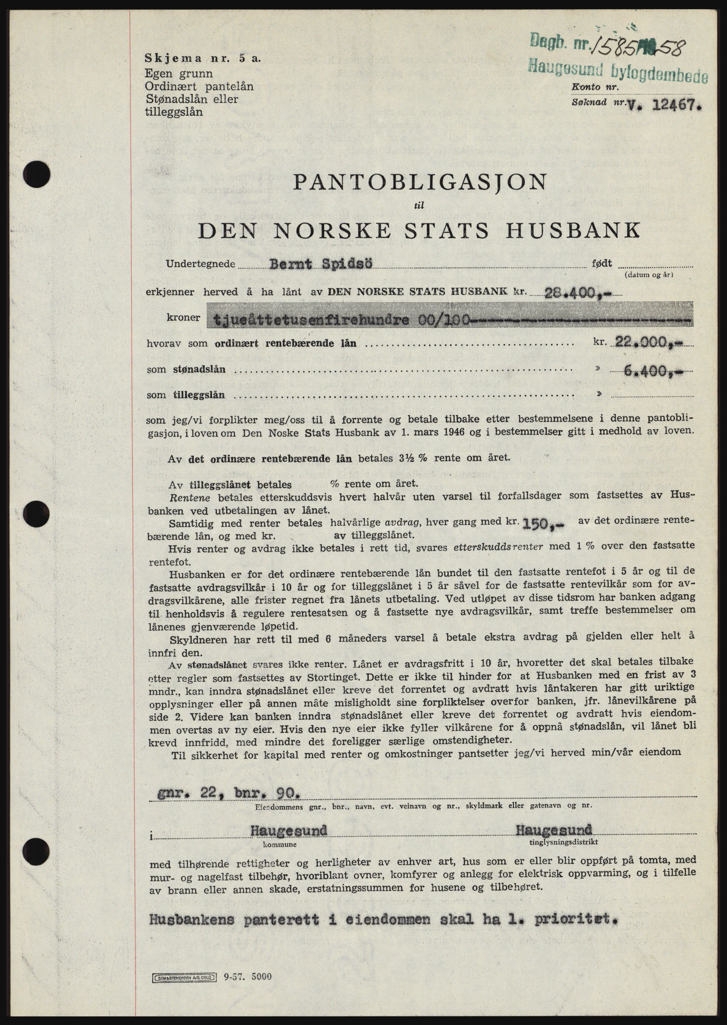 Haugesund tingrett, SAST/A-101415/01/II/IIC/L0044: Mortgage book no. B 44, 1958-1959, Diary no: : 1585/1958