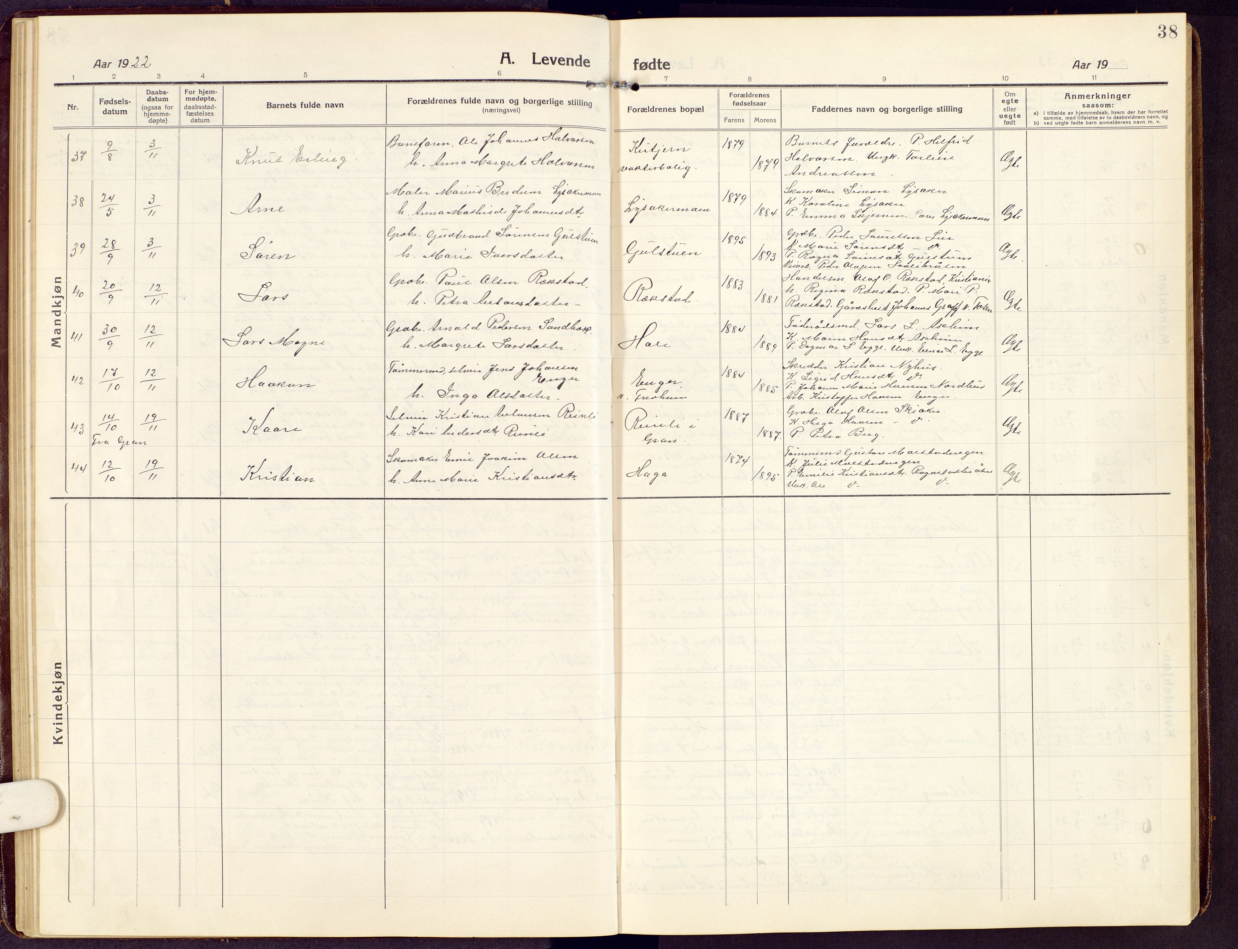 Brandbu prestekontor, SAH/PREST-114/H/Ha/Hab/L0010: Parish register (copy) no. 10, 1916-1930, p. 38