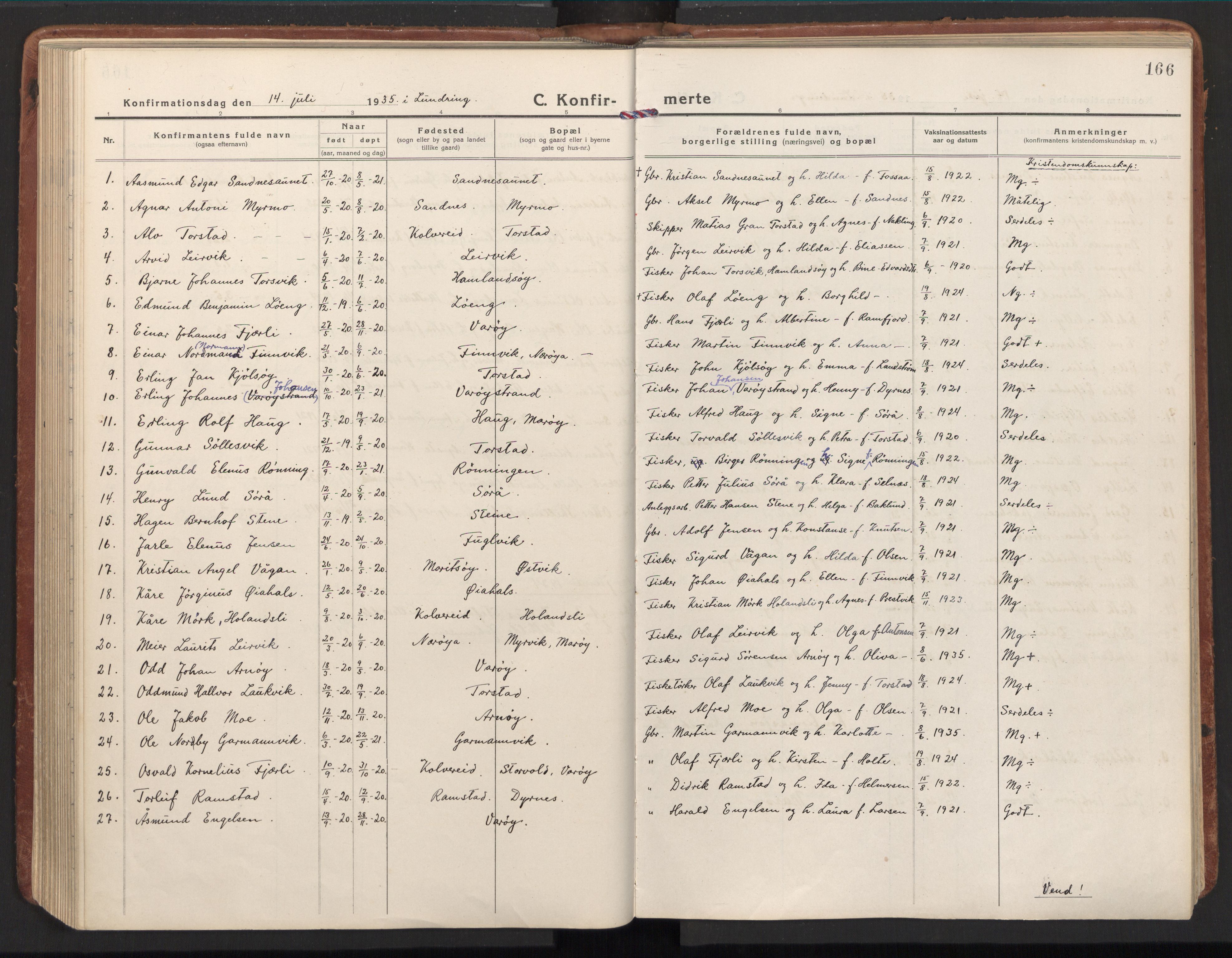 Ministerialprotokoller, klokkerbøker og fødselsregistre - Nord-Trøndelag, AV/SAT-A-1458/784/L0678: Parish register (official) no. 784A13, 1921-1938, p. 166