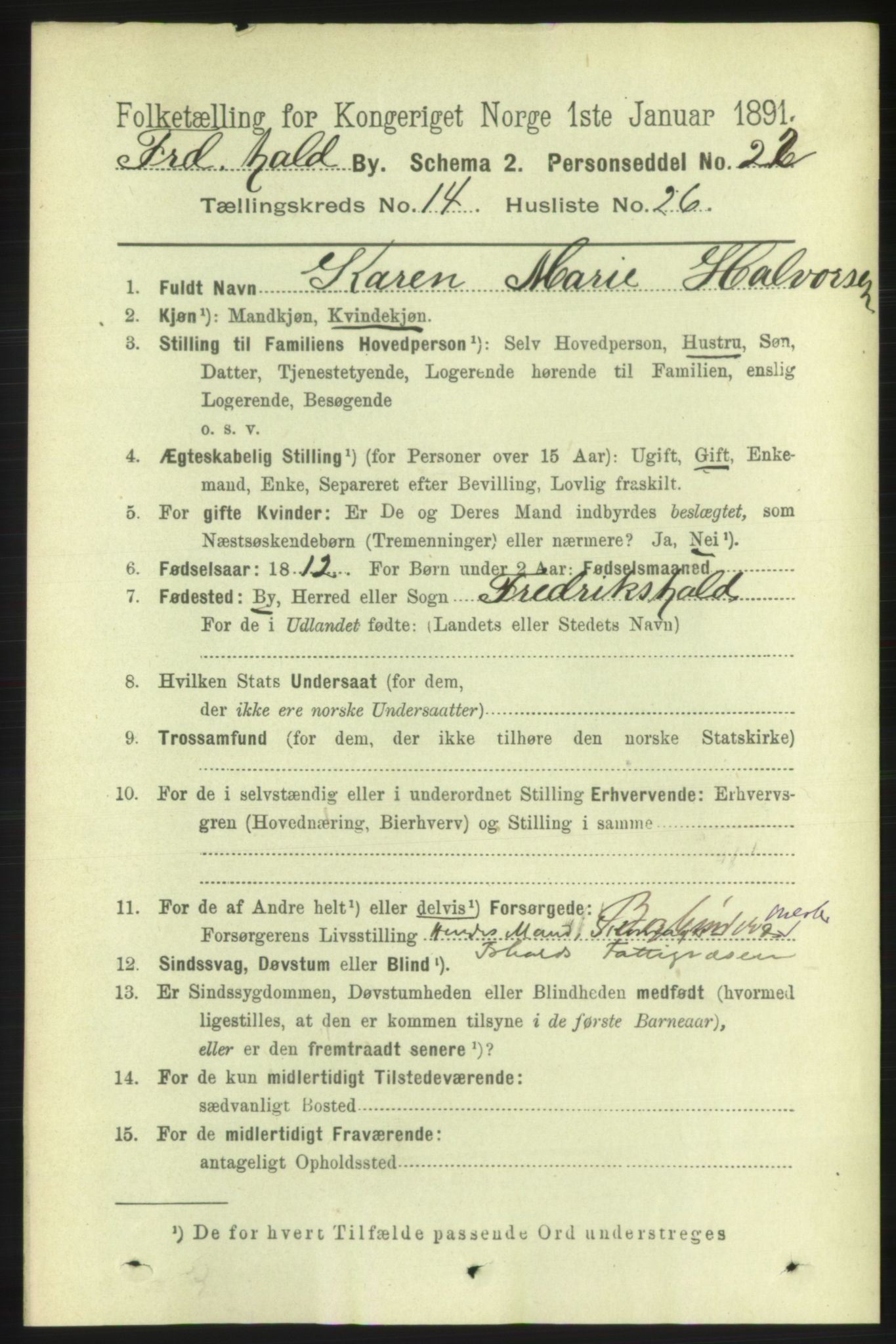 RA, 1891 census for 0101 Fredrikshald, 1891, p. 9395