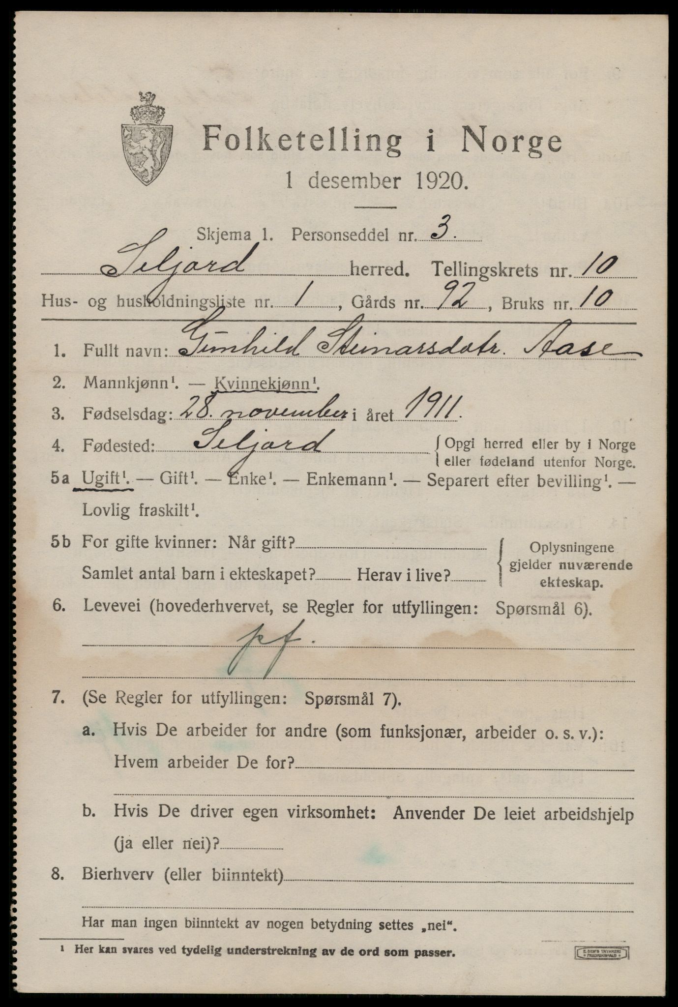 SAKO, 1920 census for Seljord, 1920, p. 4782