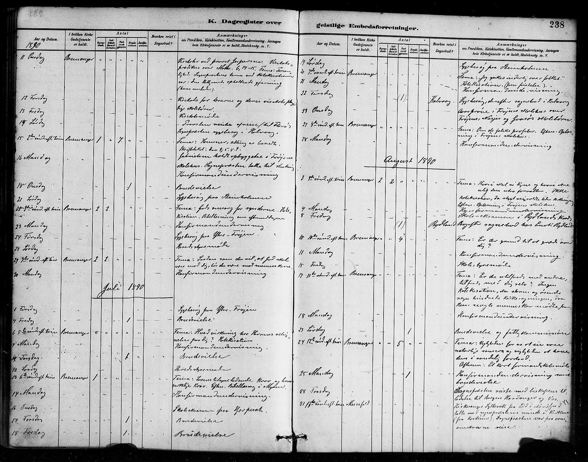 Bremanger sokneprestembete, AV/SAB-A-82201/H/Haa/Haab/L0001: Parish register (official) no. B 1, 1884-1895, p. 238