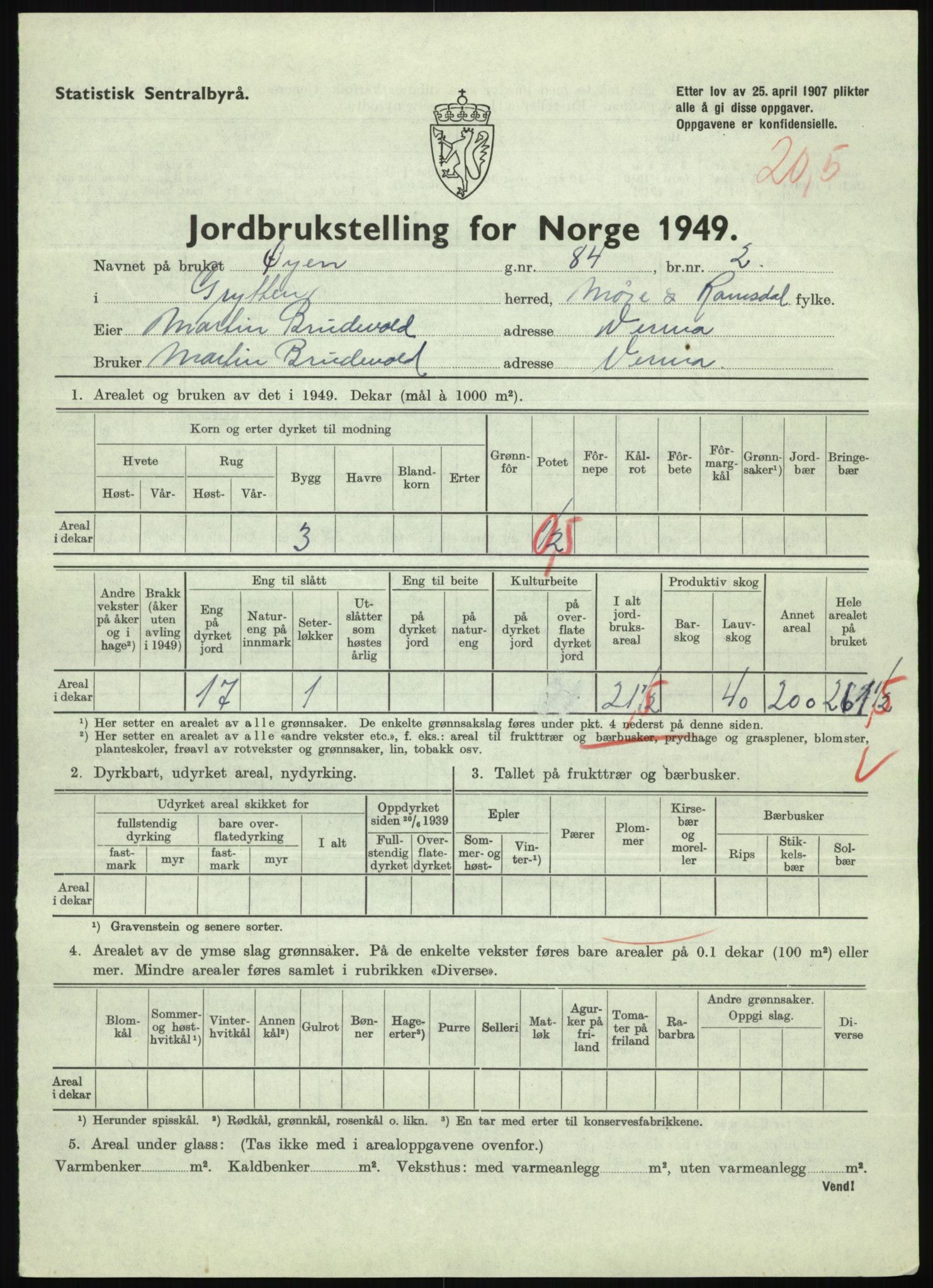 Statistisk sentralbyrå, Næringsøkonomiske emner, Jordbruk, skogbruk, jakt, fiske og fangst, AV/RA-S-2234/G/Gc/L0323: Møre og Romsdal: Grytten og Hen, 1949, p. 109