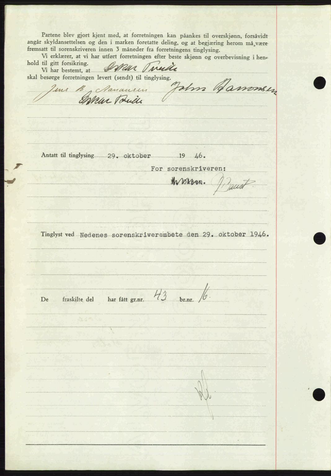 Nedenes sorenskriveri, AV/SAK-1221-0006/G/Gb/Gba/L0056: Mortgage book no. A8, 1946-1947, Diary no: : 1416/1946