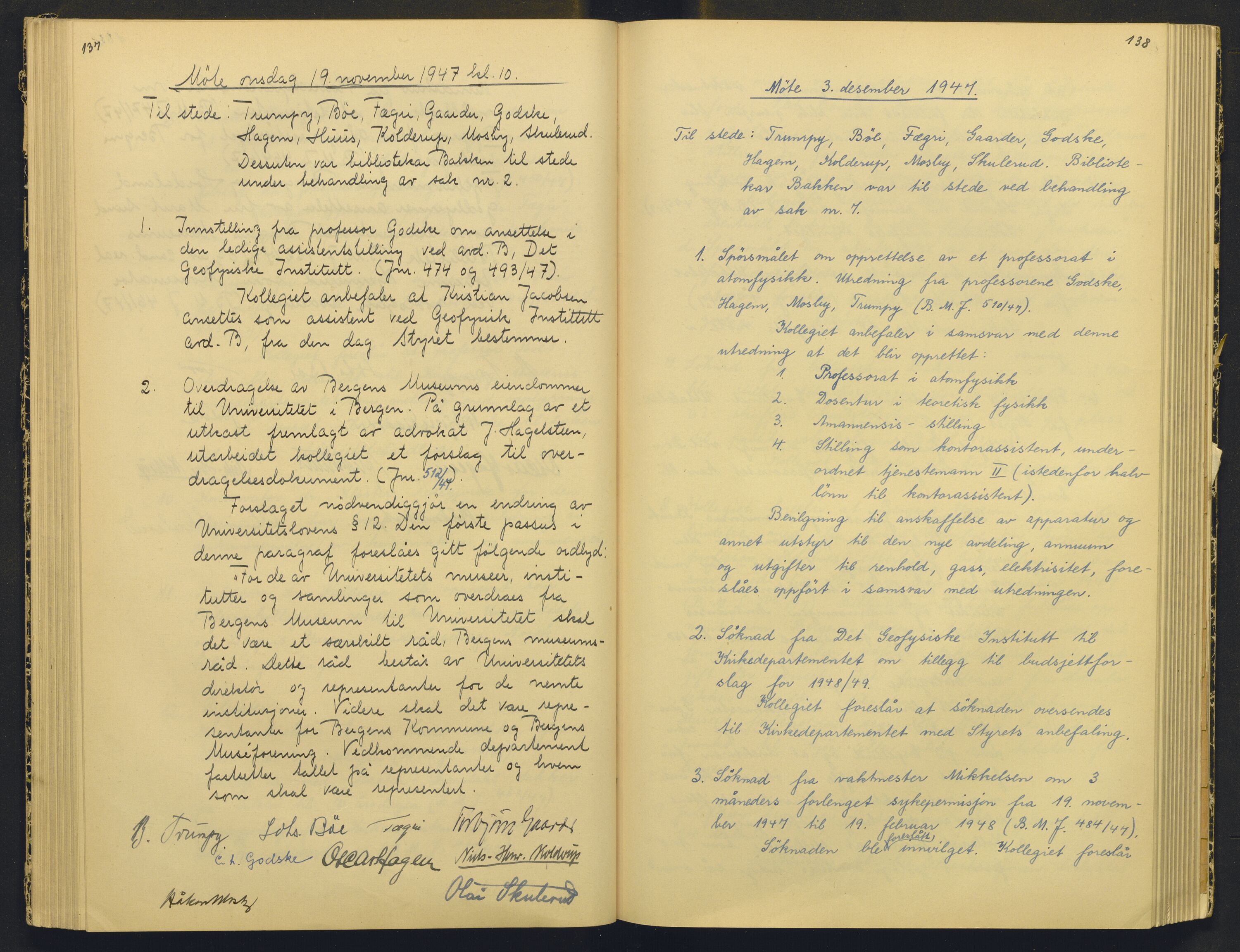 Bergens Museum, AV/SAB-A-17301/18/A/L0004: Professorkollegiets møtebok med register , 1945-1949, p. 137-138