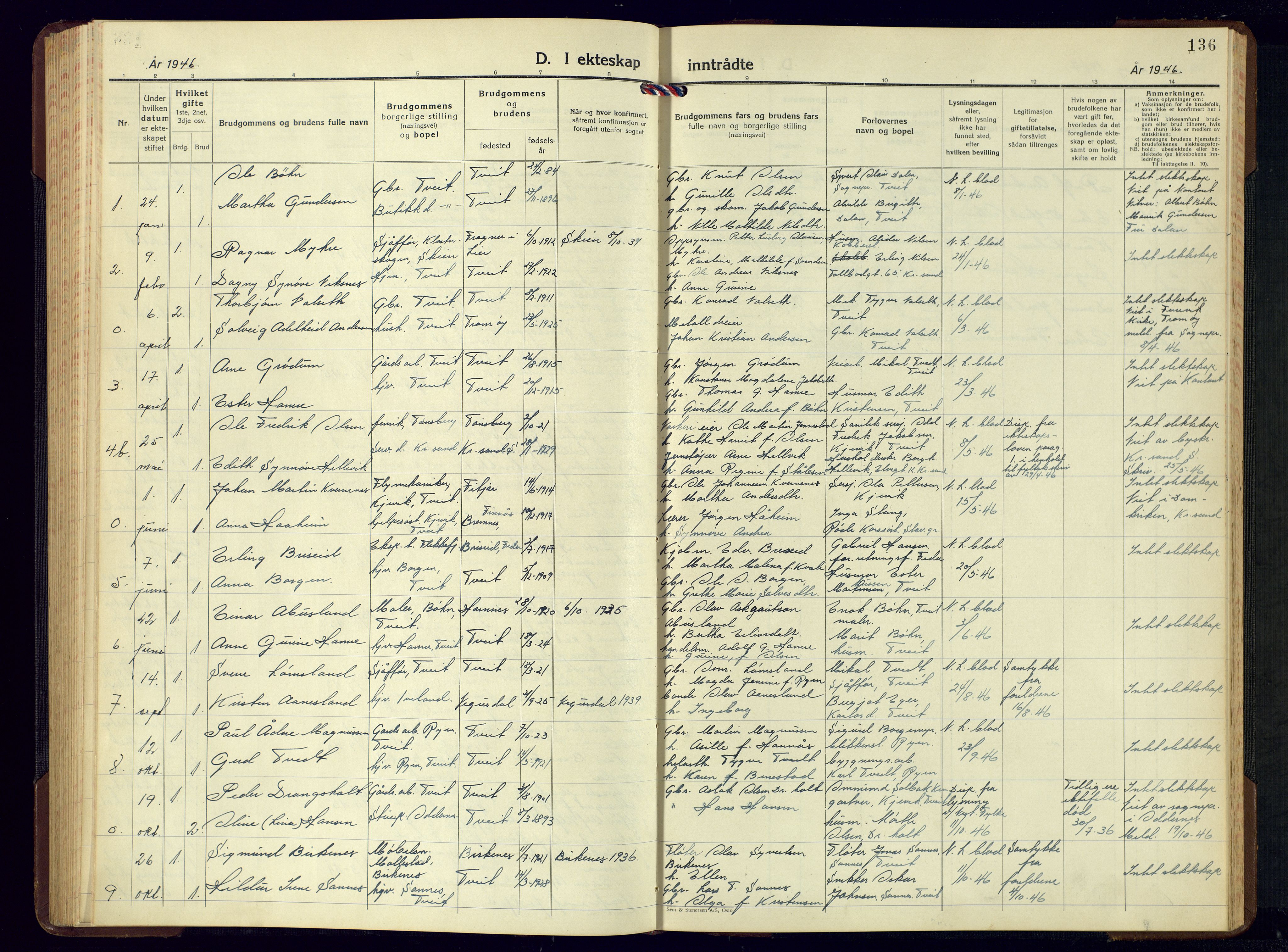 Tveit sokneprestkontor, AV/SAK-1111-0043/F/Fb/L0006: Parish register (copy) no. B-6, 1941-1962, p. 136