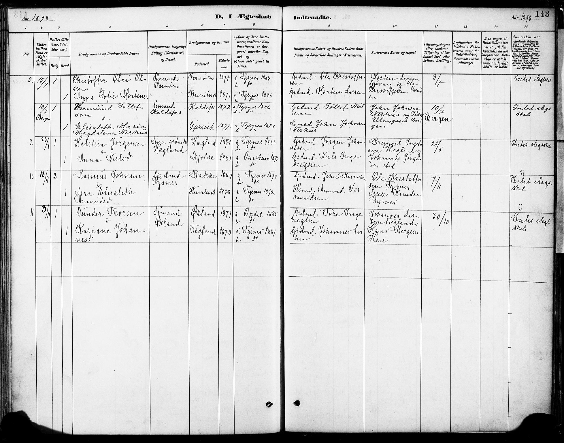 Tysnes sokneprestembete, AV/SAB-A-78601/H/Haa: Parish register (official) no. B 1, 1887-1906, p. 143