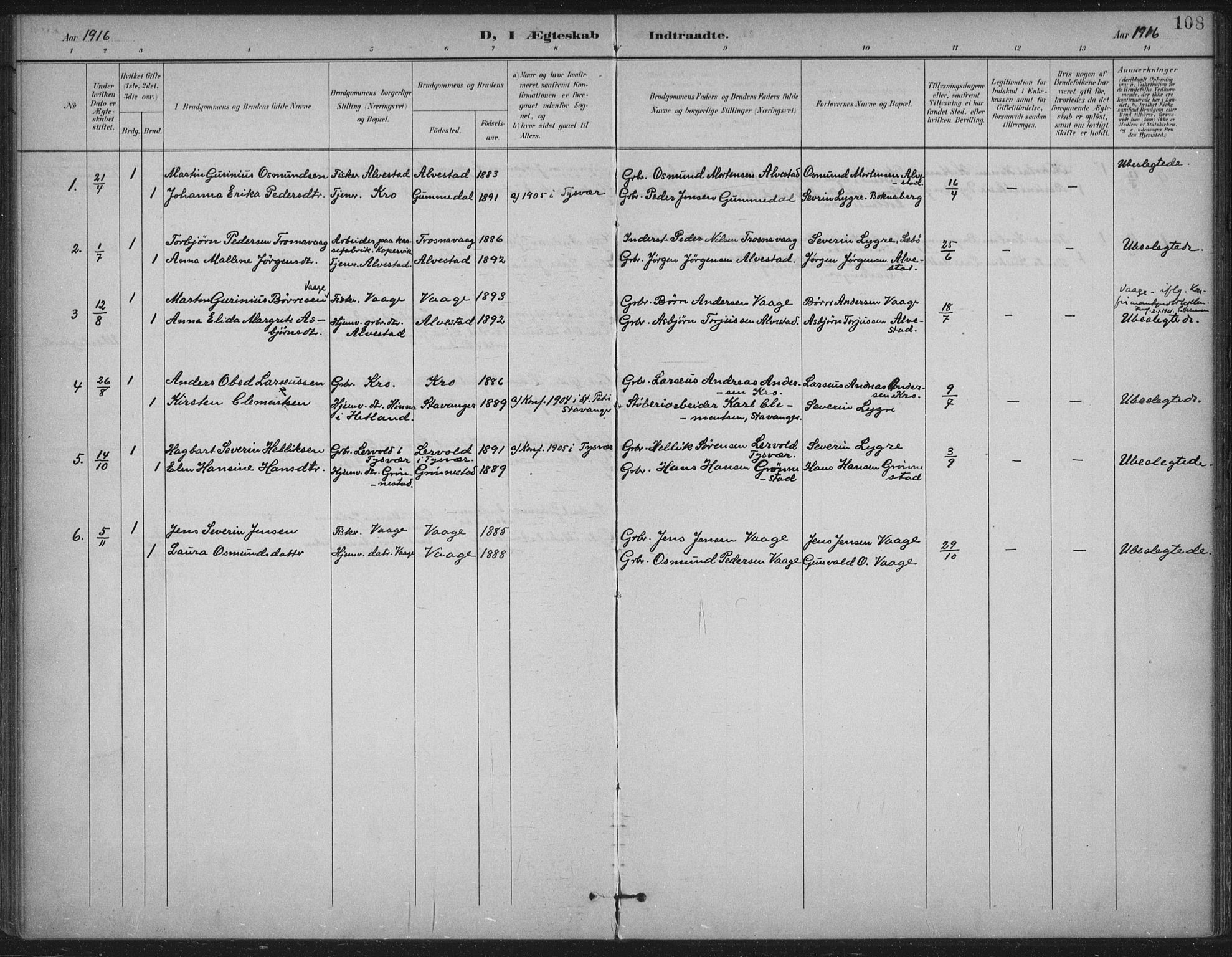 Tysvær sokneprestkontor, AV/SAST-A -101864/H/Ha/Haa/L0009: Parish register (official) no. A 9, 1898-1925, p. 108