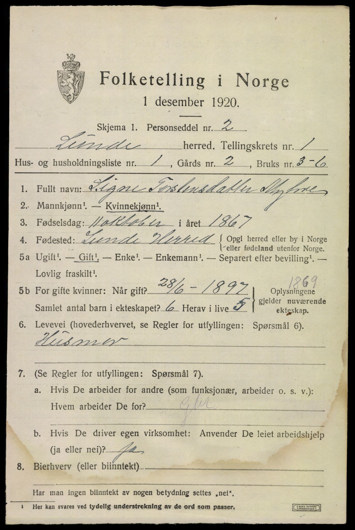 SAKO, 1920 census for Lunde, 1920, p. 1029