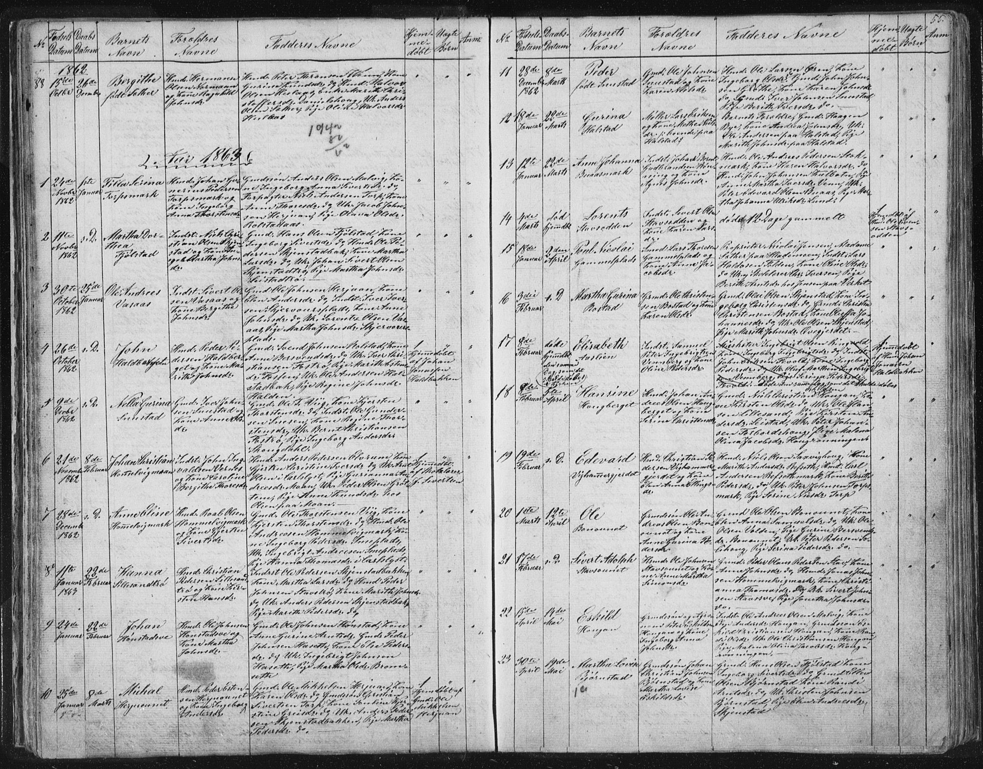 Ministerialprotokoller, klokkerbøker og fødselsregistre - Sør-Trøndelag, SAT/A-1456/616/L0406: Parish register (official) no. 616A03, 1843-1879, p. 55