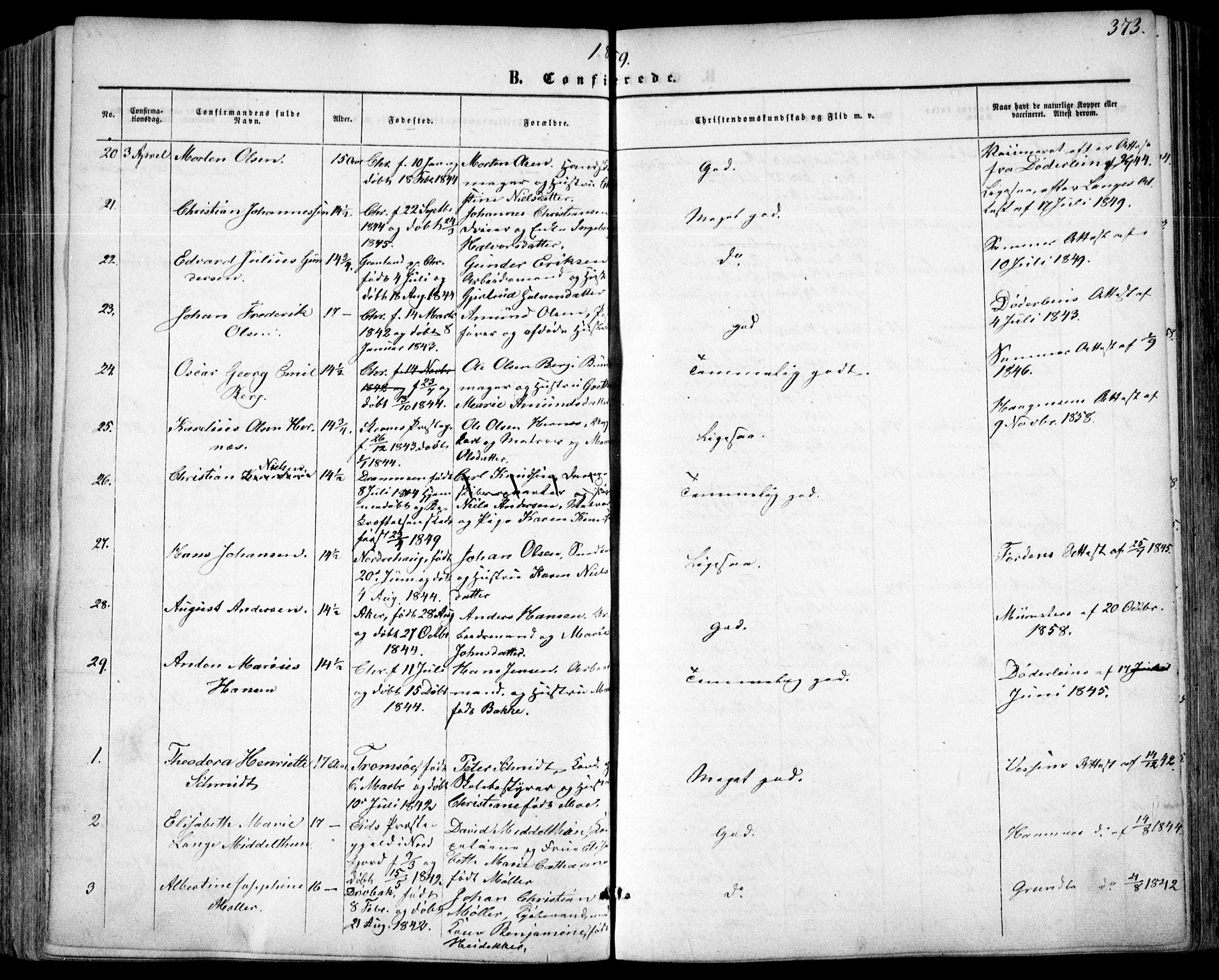 Oslo domkirke Kirkebøker, SAO/A-10752/F/Fa/L0015: Parish register (official) no. 15, 1857-1871, p. 373
