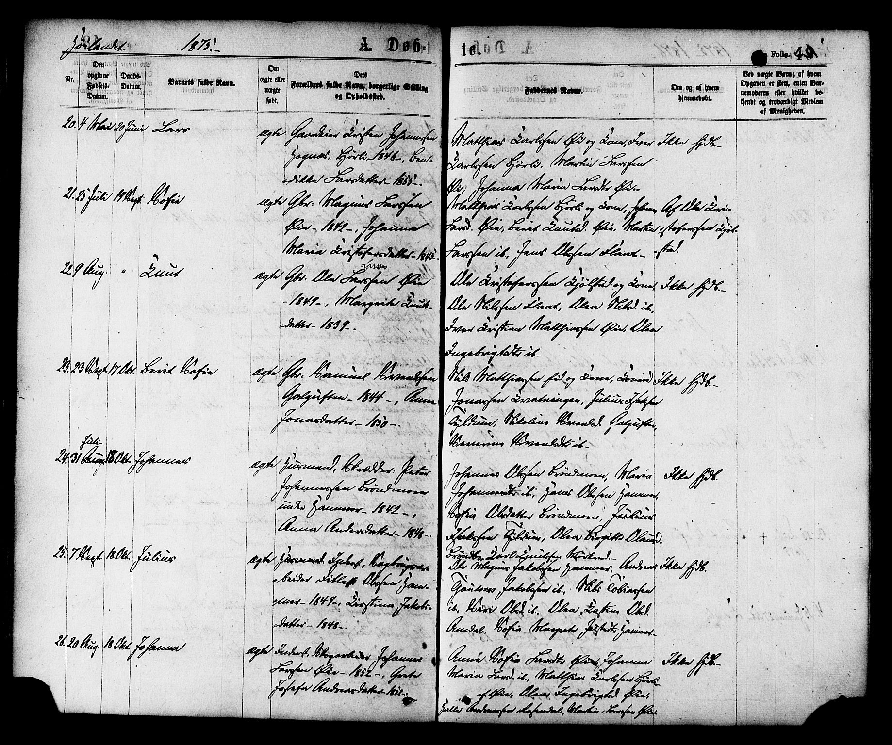 Ministerialprotokoller, klokkerbøker og fødselsregistre - Nord-Trøndelag, SAT/A-1458/758/L0516: Parish register (official) no. 758A03 /2, 1869-1879, p. 49