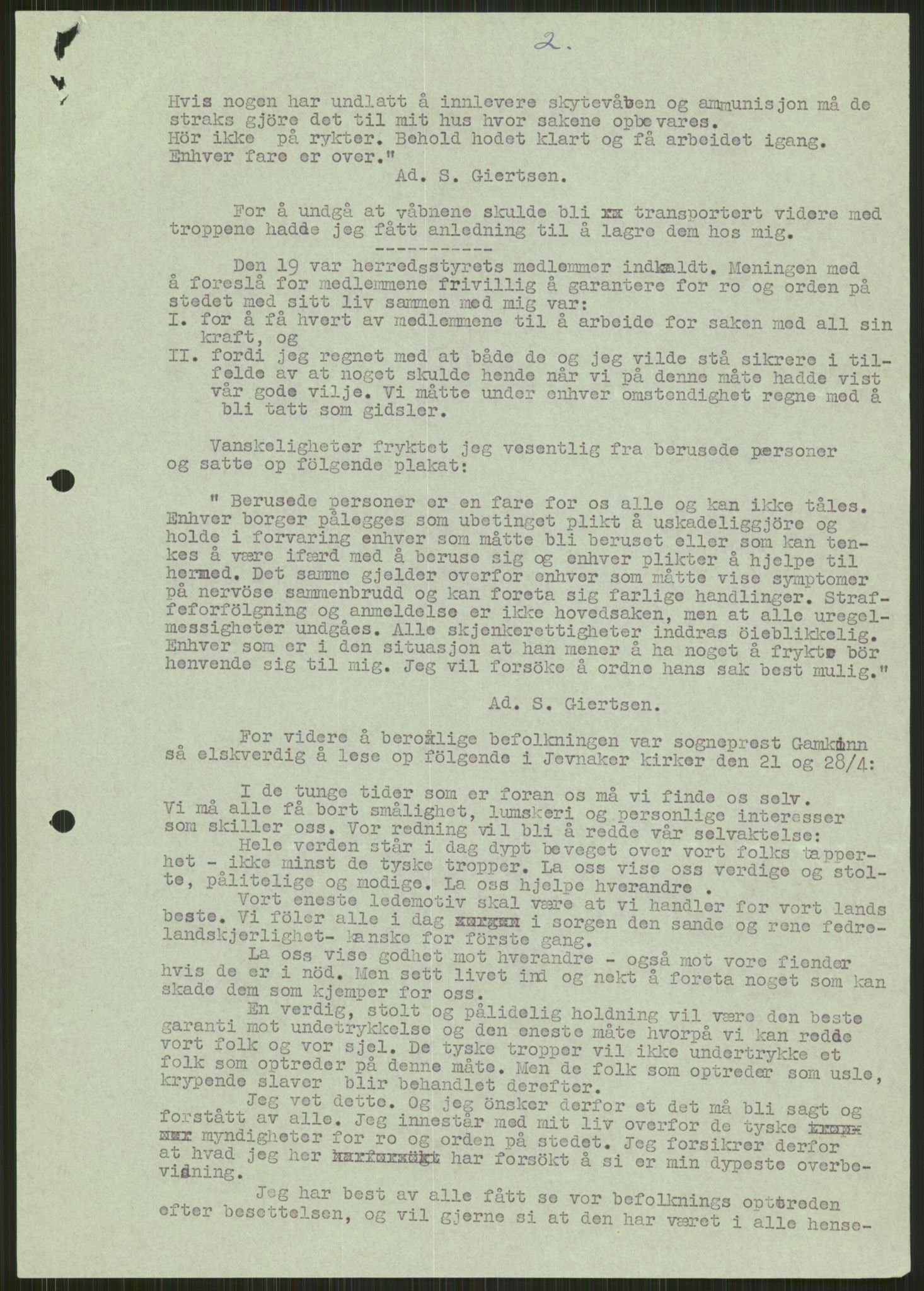 Forsvaret, Forsvarets krigshistoriske avdeling, AV/RA-RAFA-2017/Y/Ya/L0014: II-C-11-31 - Fylkesmenn.  Rapporter om krigsbegivenhetene 1940., 1940, p. 182