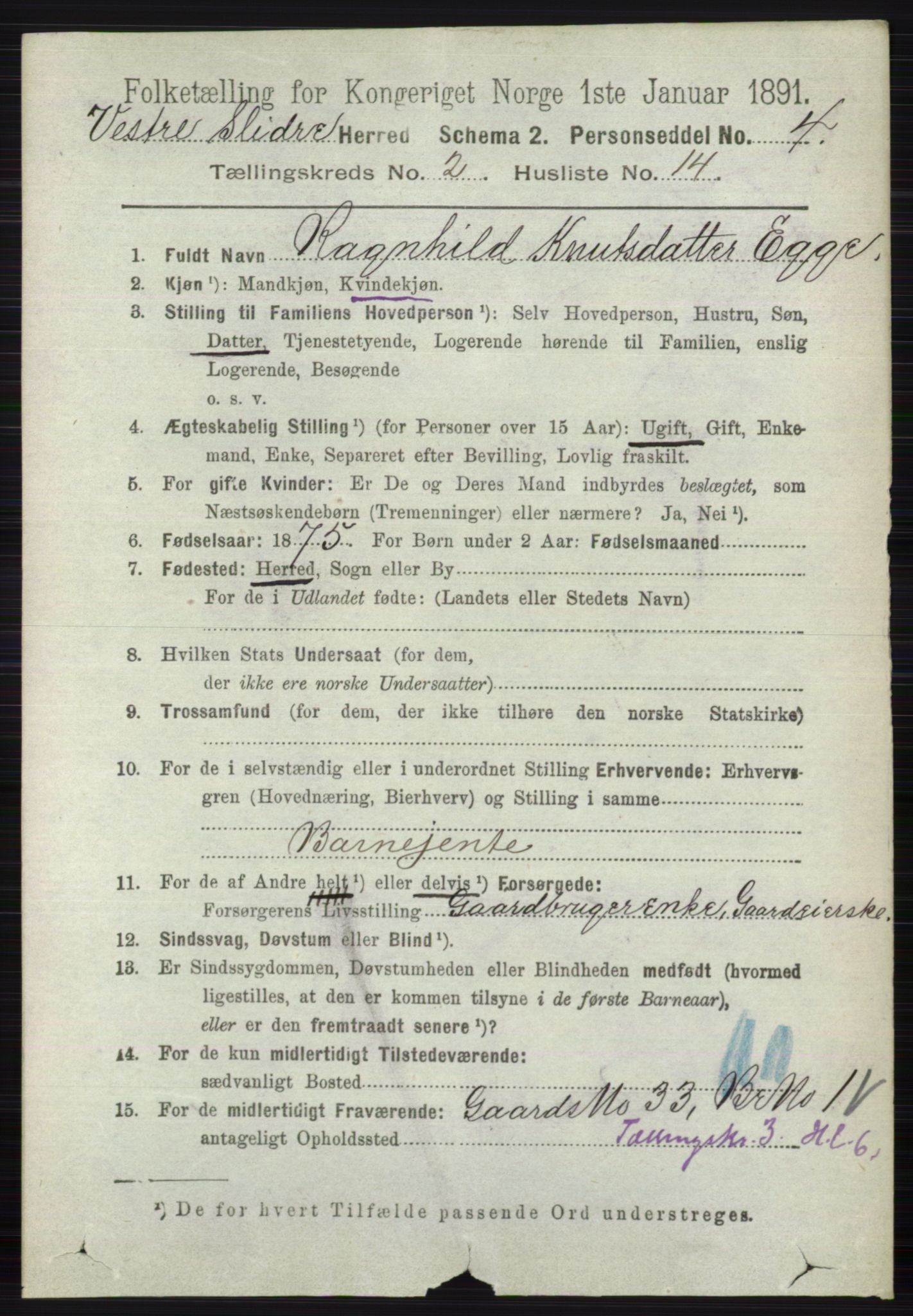 RA, 1891 census for 0543 Vestre Slidre, 1891, p. 607