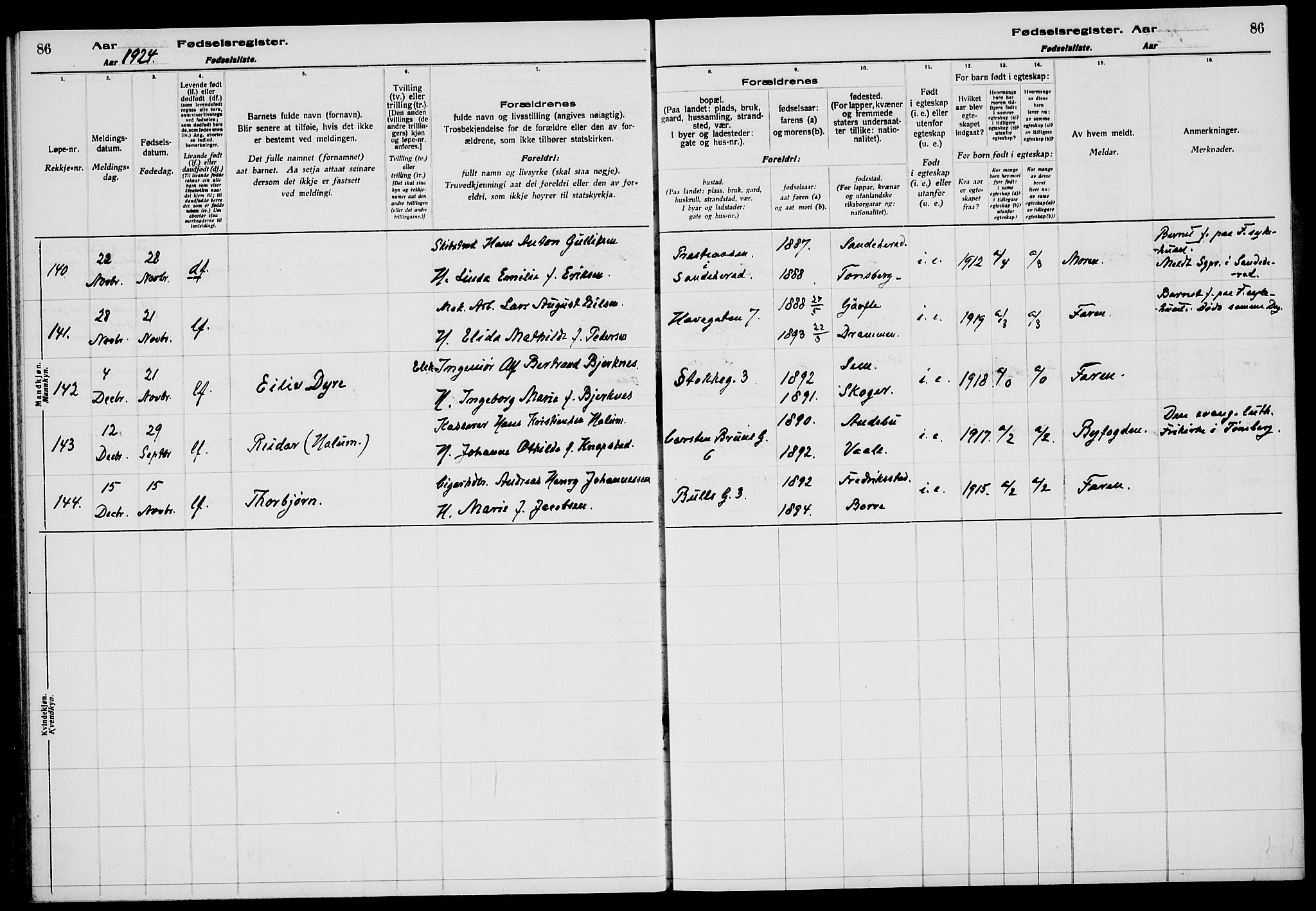 Tønsberg kirkebøker, AV/SAKO-A-330/J/Ja/L0002: Birth register no. 2, 1922-1928, p. 86