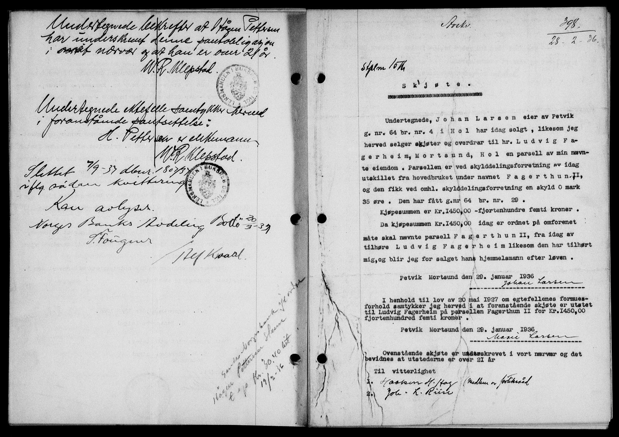 Lofoten sorenskriveri, SAT/A-0017/1/2/2C/L0033b: Mortgage book no. 33b, 1936-1936, Diary no: : 398/1936