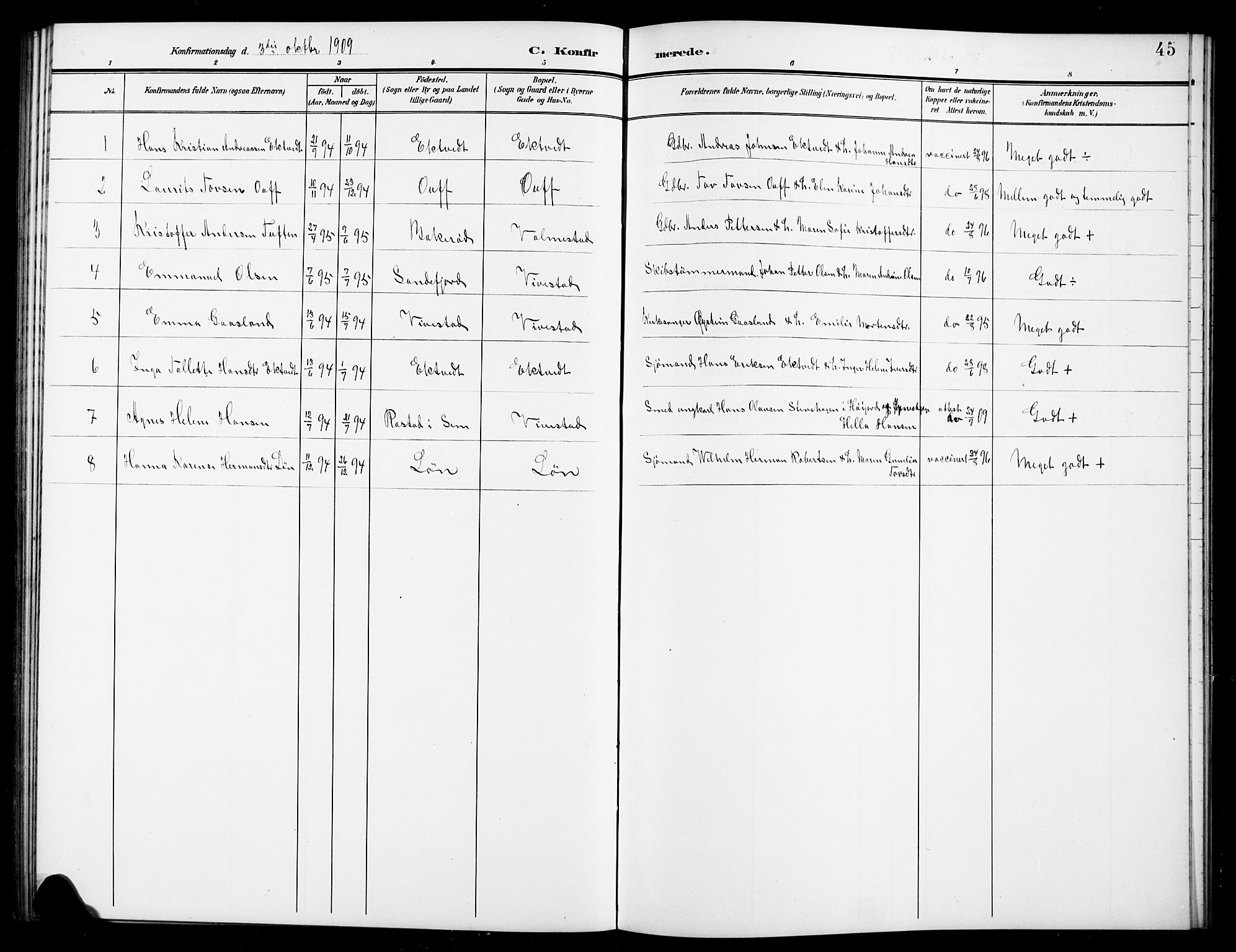 Ramnes kirkebøker, AV/SAKO-A-314/G/Gc/L0002: Parish register (copy) no. III 2, 1903-1924, p. 45