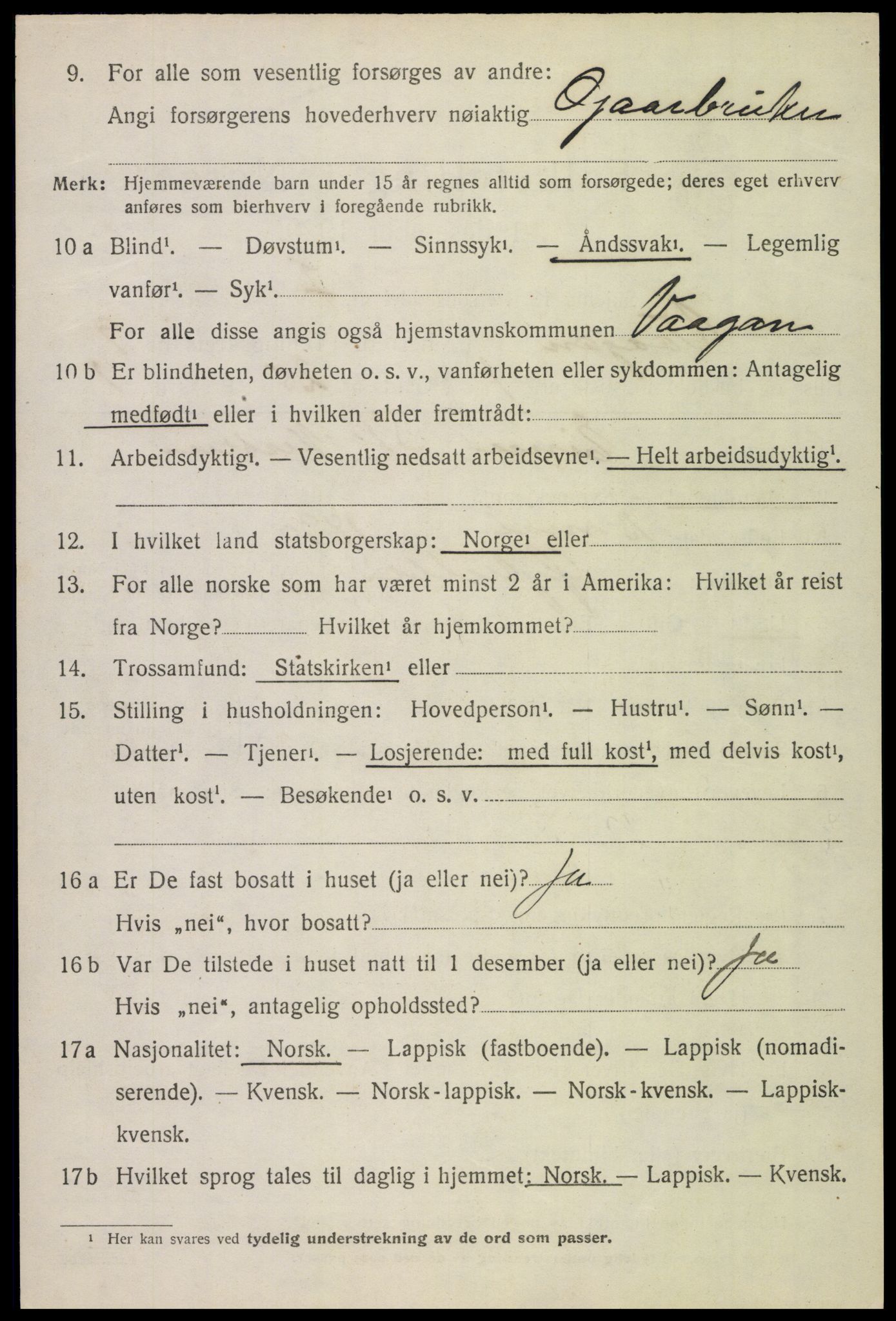 SAT, 1920 census for Vågan, 1920, p. 8110