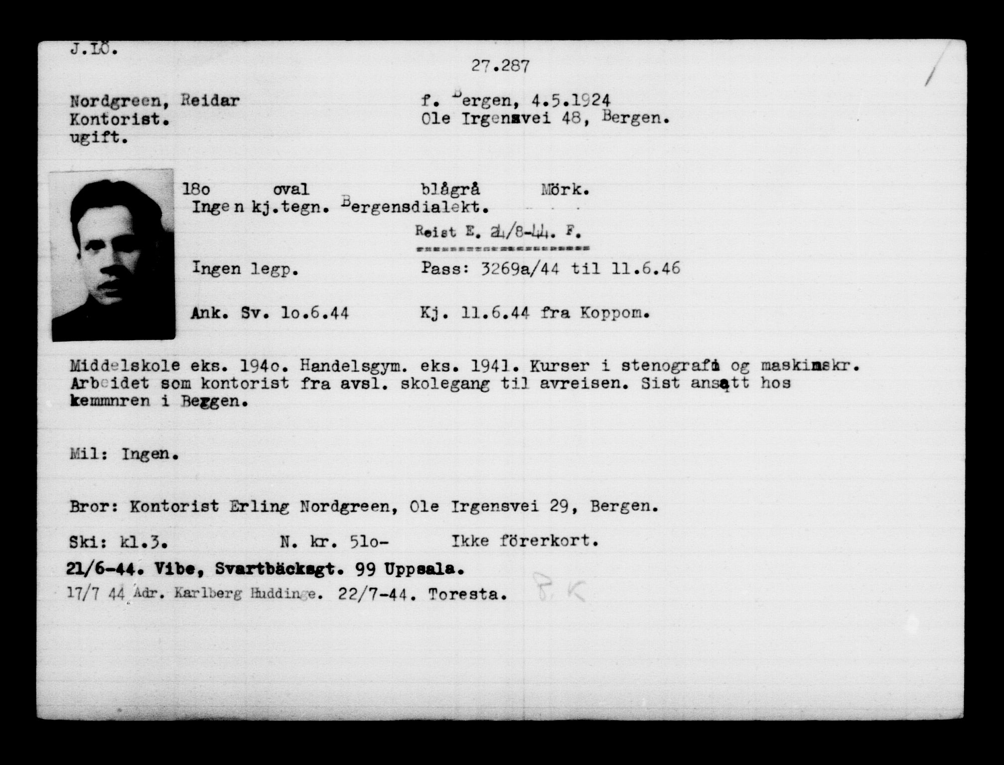 Utenriksstasjonene, Legasjonen i Stockholm, Flyktningkontoret, AV/RA-S-6753/V/Va/L0011: Kjesäterkartoteket, flyktninger med registreringsnr. 25300-28349, 1940-1945, p. 2098