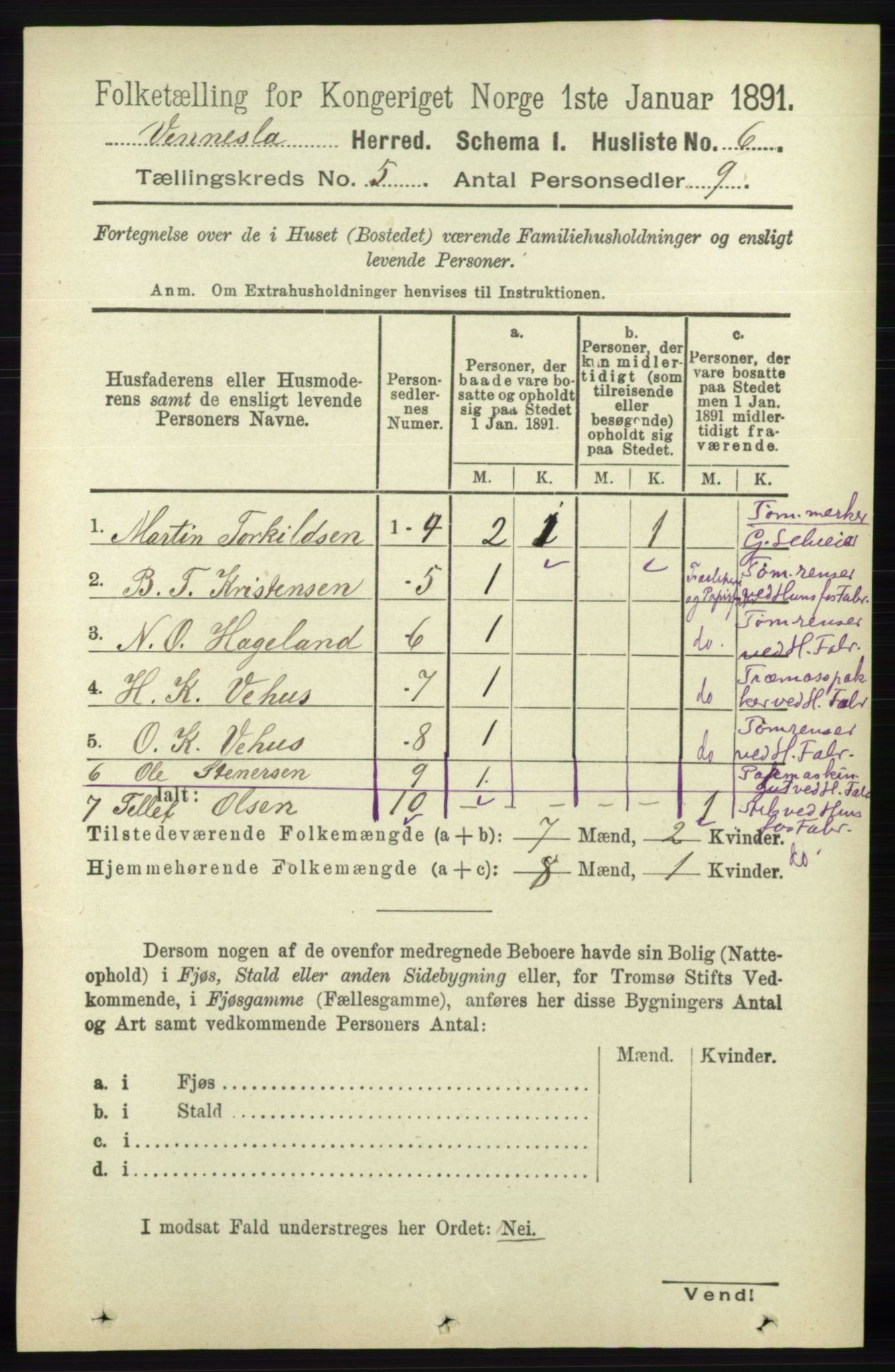 RA, 1891 census for 1014 Vennesla, 1891, p. 1159