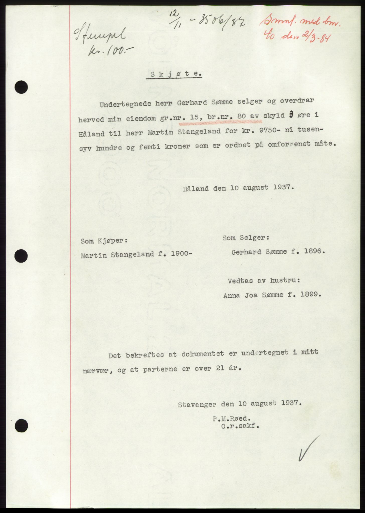 Jæren sorenskriveri, SAST/A-100310/03/G/Gba/L0069: Mortgage book, 1937-1937, Diary no: : 3506/1937