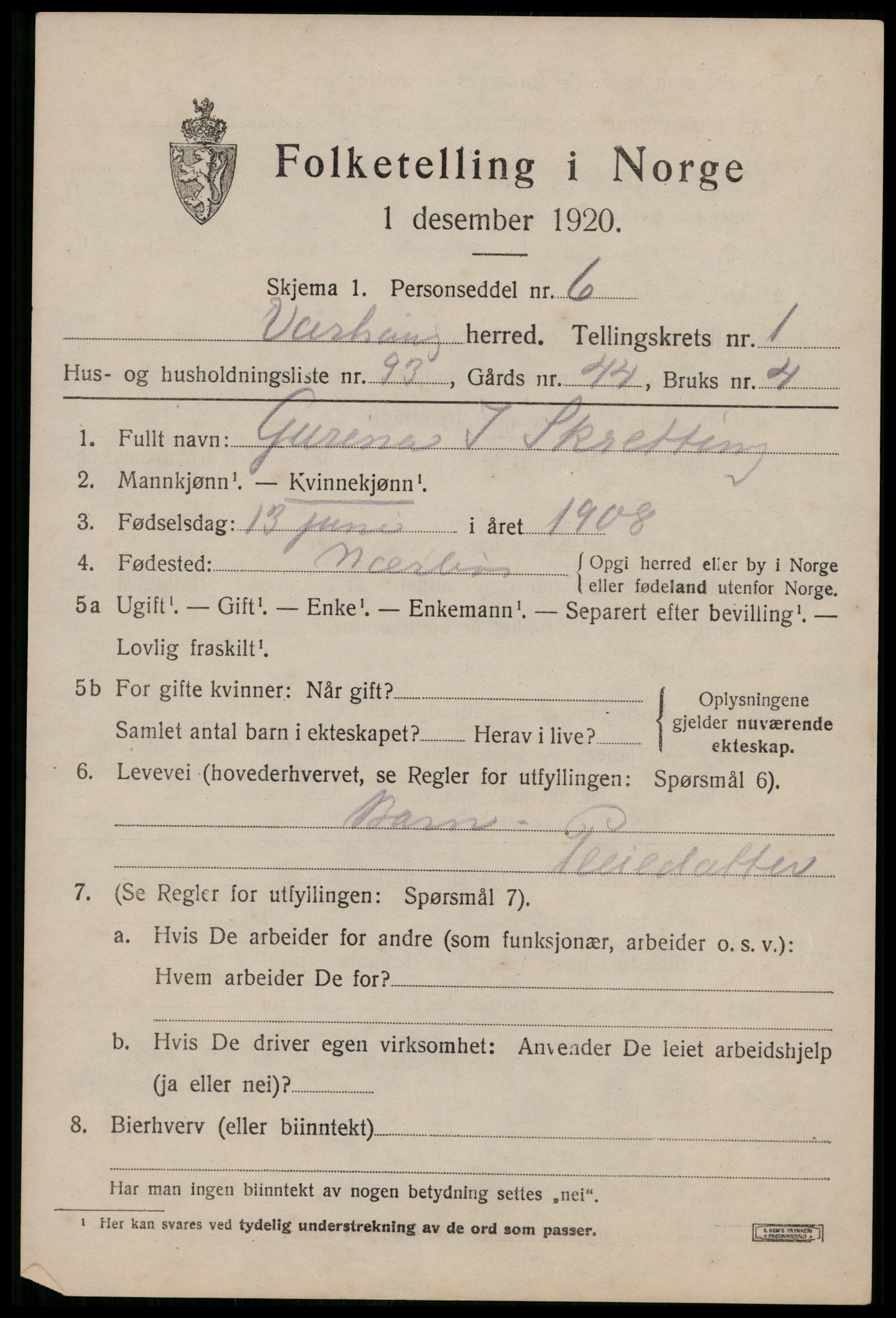 SAST, 1920 census for Varhaug, 1920, p. 1973