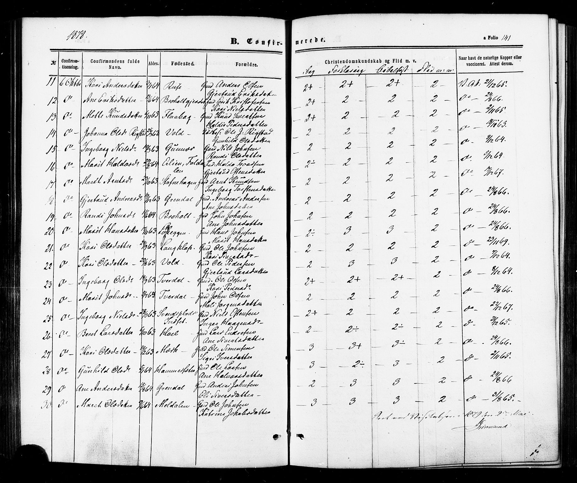 Ministerialprotokoller, klokkerbøker og fødselsregistre - Sør-Trøndelag, SAT/A-1456/674/L0870: Parish register (official) no. 674A02, 1861-1879, p. 141