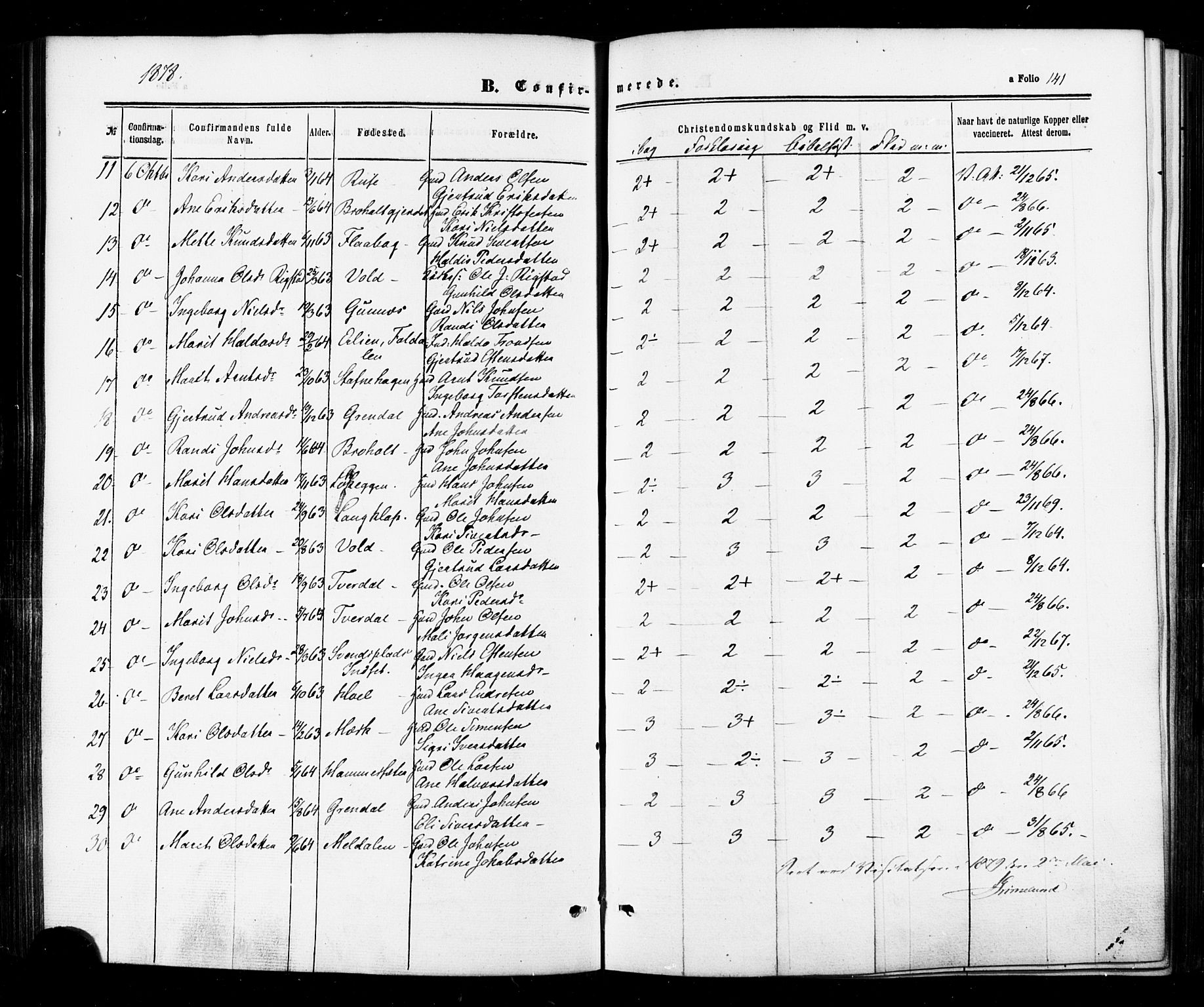 Ministerialprotokoller, klokkerbøker og fødselsregistre - Sør-Trøndelag, AV/SAT-A-1456/674/L0870: Parish register (official) no. 674A02, 1861-1879, p. 141