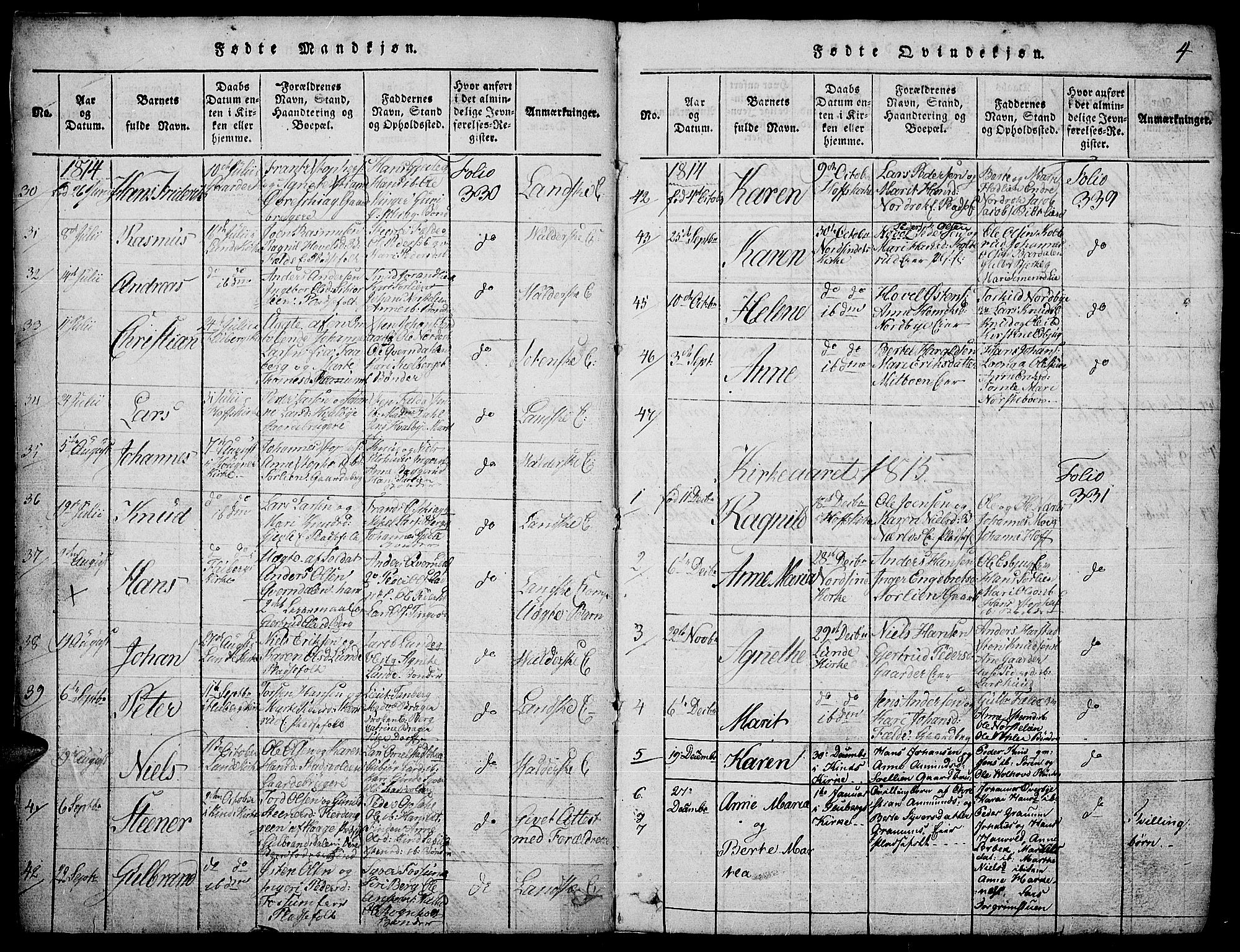 Land prestekontor, SAH/PREST-120/H/Ha/Hab/L0001: Parish register (copy) no. 1, 1814-1833, p. 4
