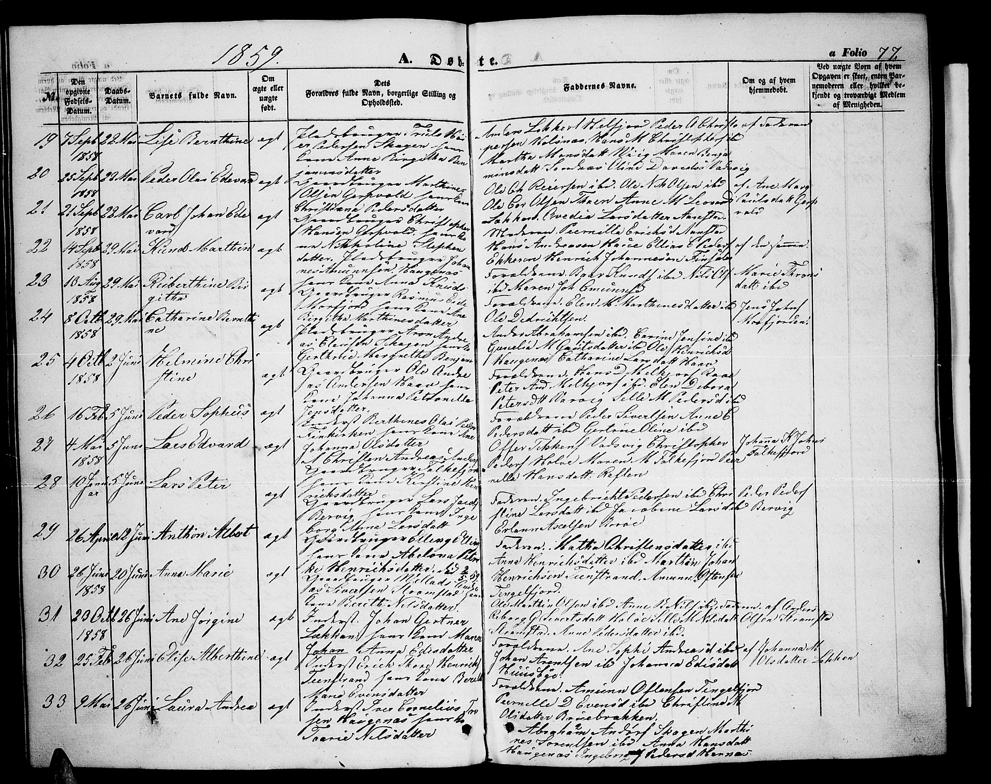 Ministerialprotokoller, klokkerbøker og fødselsregistre - Nordland, AV/SAT-A-1459/888/L1265: Parish register (copy) no. 888C03, 1850-1863, p. 77