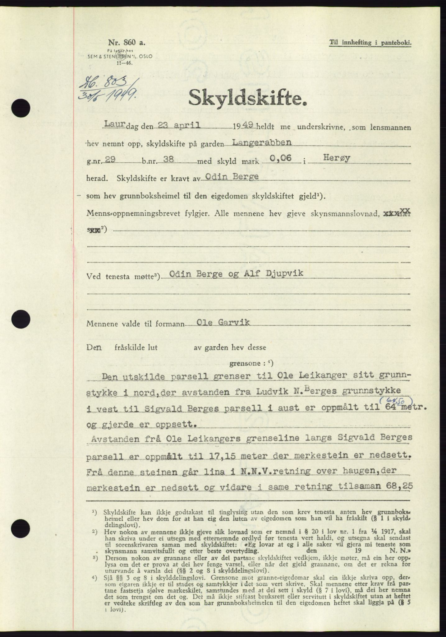 Søre Sunnmøre sorenskriveri, AV/SAT-A-4122/1/2/2C/L0084: Mortgage book no. 10A, 1949-1949, Diary no: : 803/1949