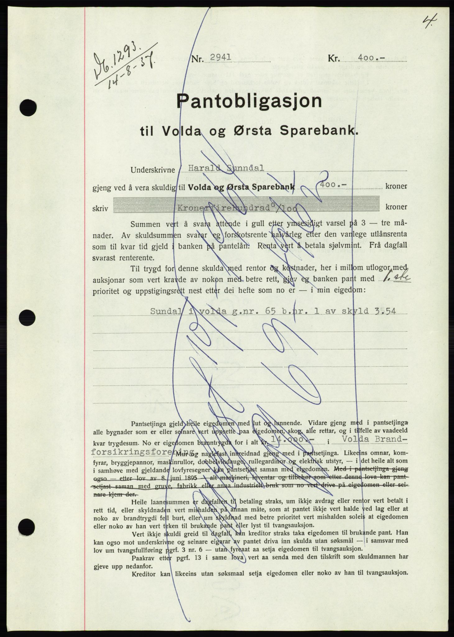 Søre Sunnmøre sorenskriveri, AV/SAT-A-4122/1/2/2C/L0064: Mortgage book no. 58, 1937-1938, Diary no: : 1293/1937