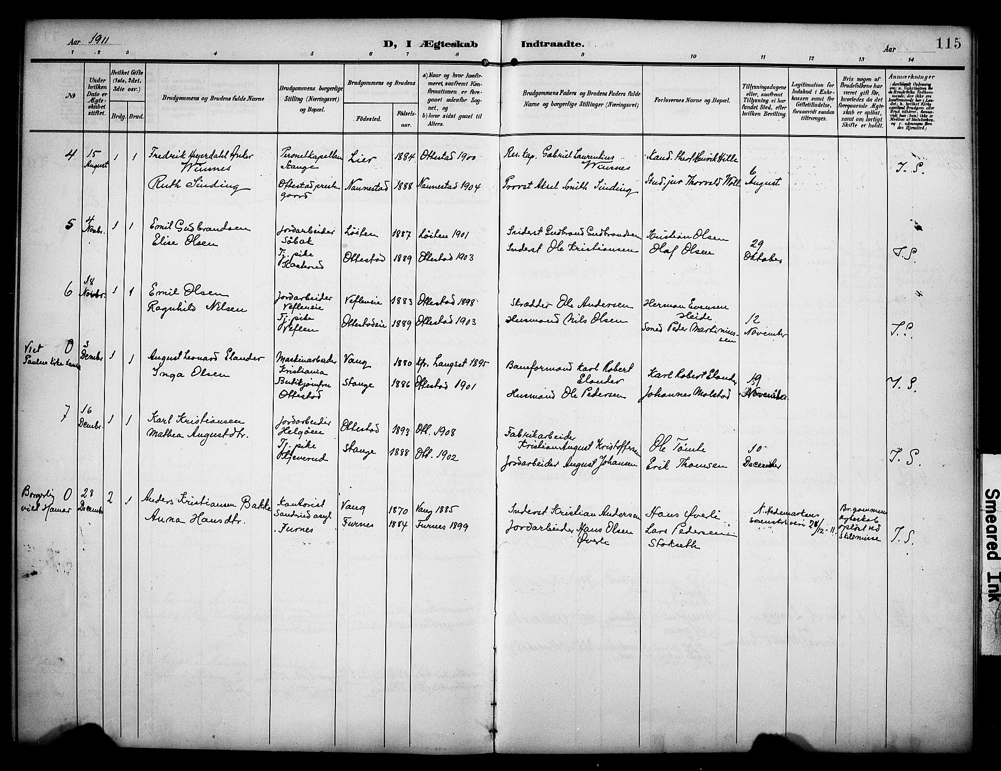 Stange prestekontor, AV/SAH-PREST-002/K/L0022: Parish register (official) no. 22, 1903-1914, p. 115