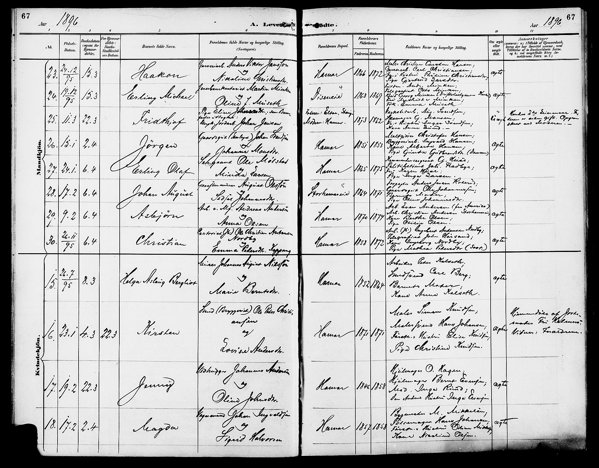 Vang prestekontor, Hedmark, AV/SAH-PREST-008/H/Ha/Haa/L0017: Parish register (official) no. 17, 1890-1899, p. 67