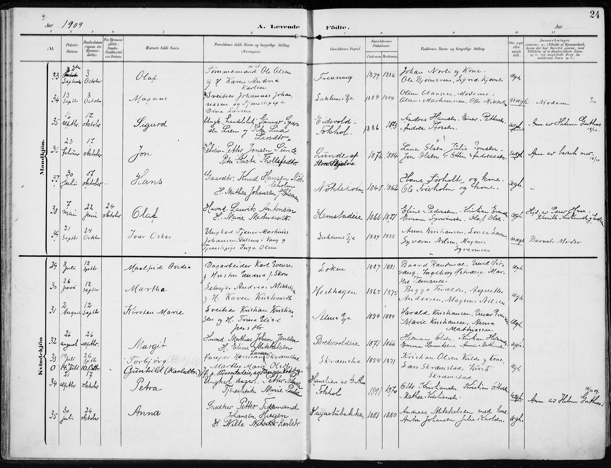 Stange prestekontor, AV/SAH-PREST-002/K/L0024: Parish register (official) no. 24, 1906-1922, p. 24