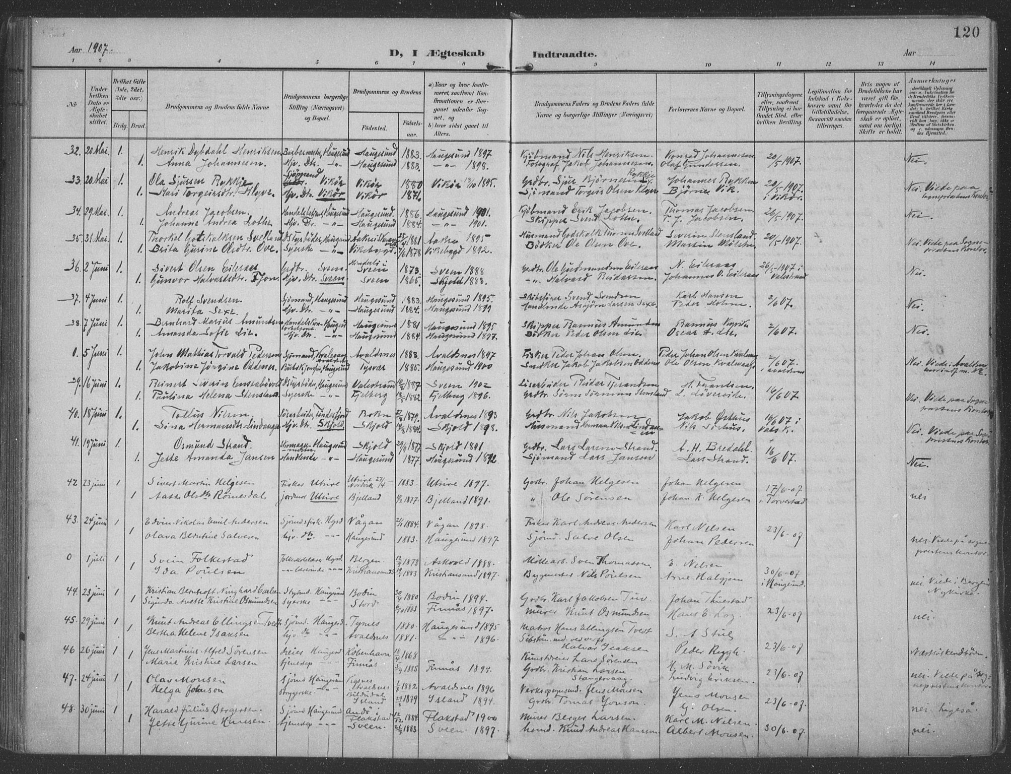 Haugesund sokneprestkontor, AV/SAST-A -101863/H/Ha/Haa/L0007: Parish register (official) no. A 7, 1904-1916, p. 120