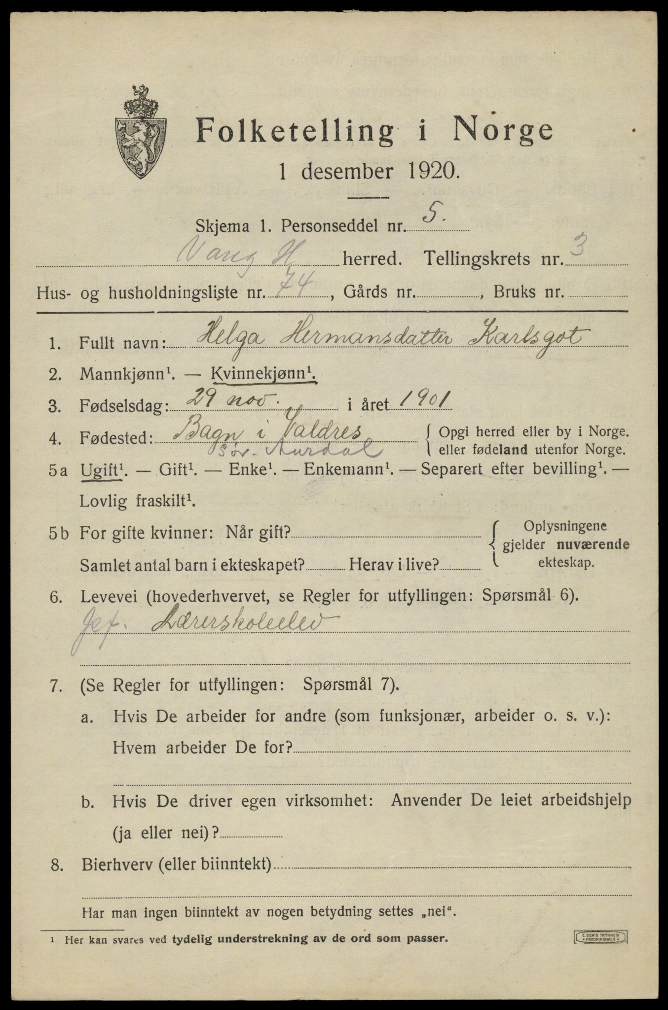 SAH, 1920 census for Vang (Hedmark), 1920, p. 10253
