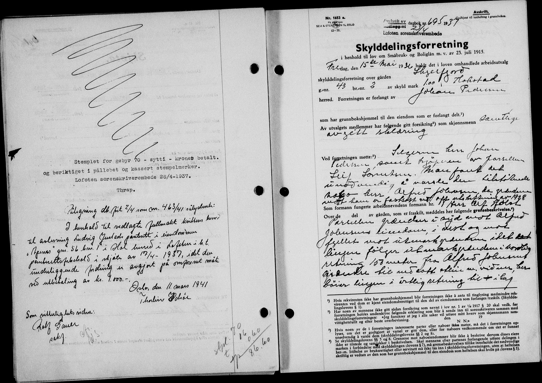 Lofoten sorenskriveri, SAT/A-0017/1/2/2C/L0002a: Mortgage book no. 2a, 1937-1937, Diary no: : 695/1937