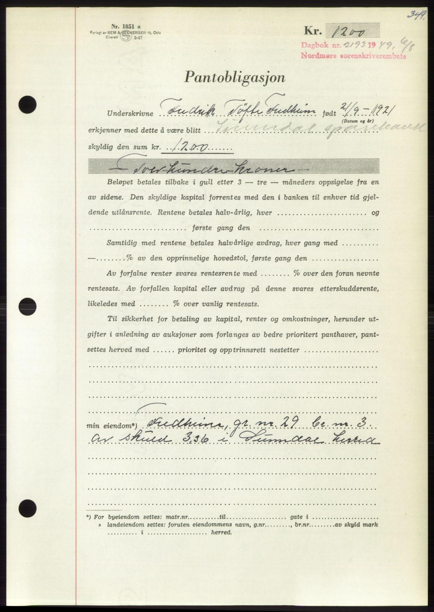 Nordmøre sorenskriveri, AV/SAT-A-4132/1/2/2Ca: Mortgage book no. B102, 1949-1949, Diary no: : 2193/1949