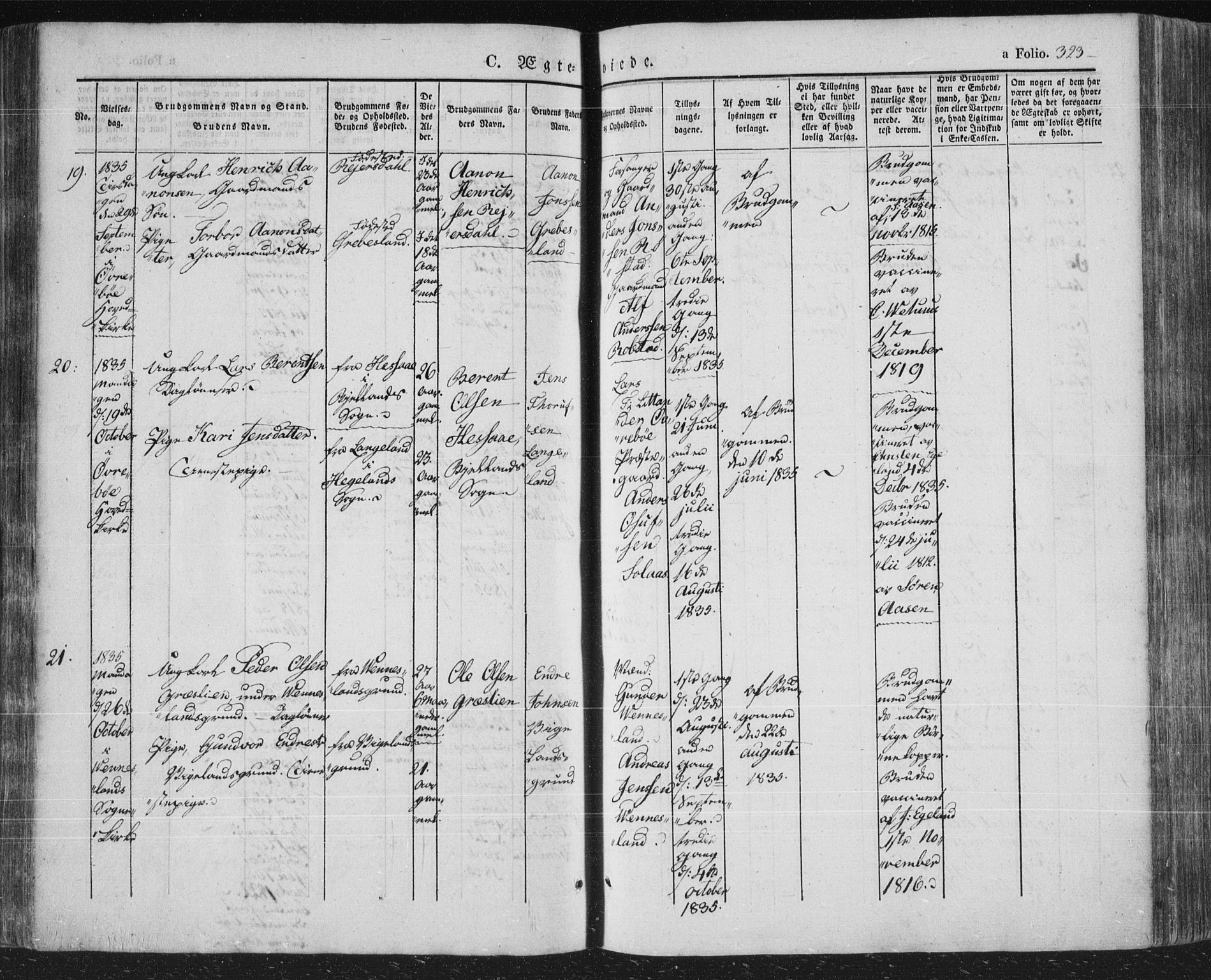 Vennesla sokneprestkontor, AV/SAK-1111-0045/Fa/Fac/L0004: Parish register (official) no. A 4, 1834-1855, p. 323