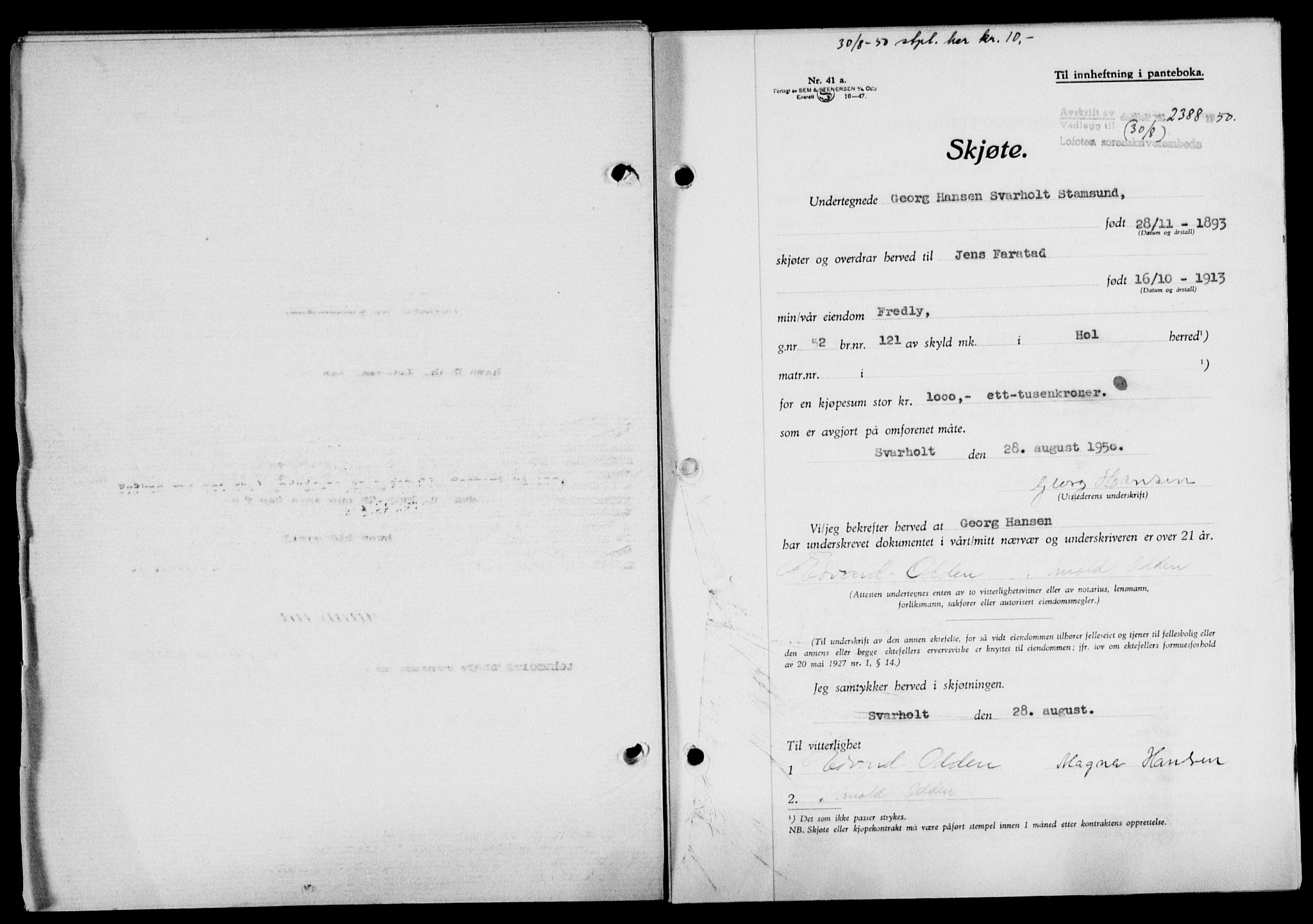 Lofoten sorenskriveri, SAT/A-0017/1/2/2C/L0024a: Mortgage book no. 24a, 1950-1950, Diary no: : 2388/1950