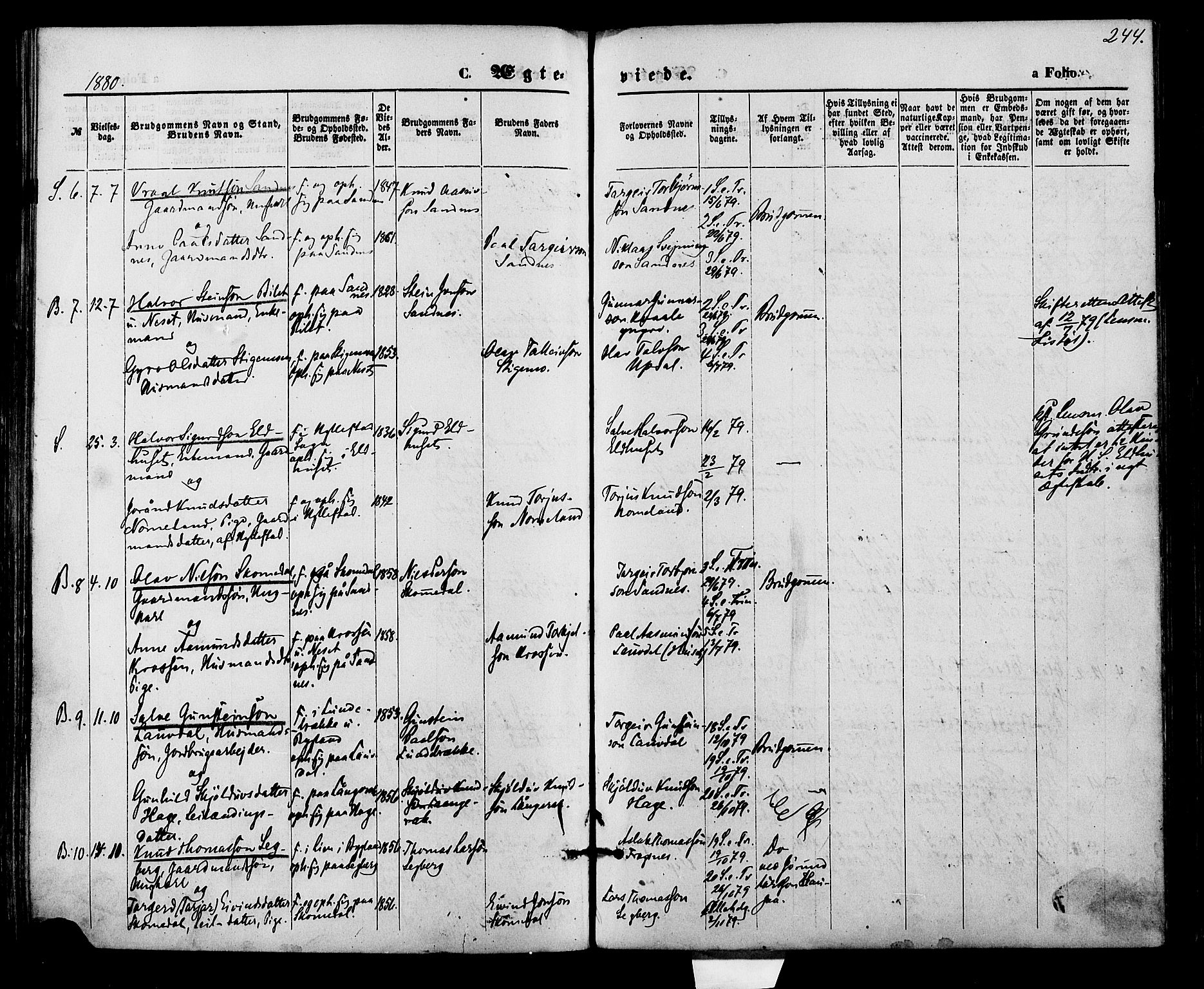 Bygland sokneprestkontor, SAK/1111-0006/F/Fa/Fab/L0006: Parish register (official) no. A 6, 1873-1884, p. 244