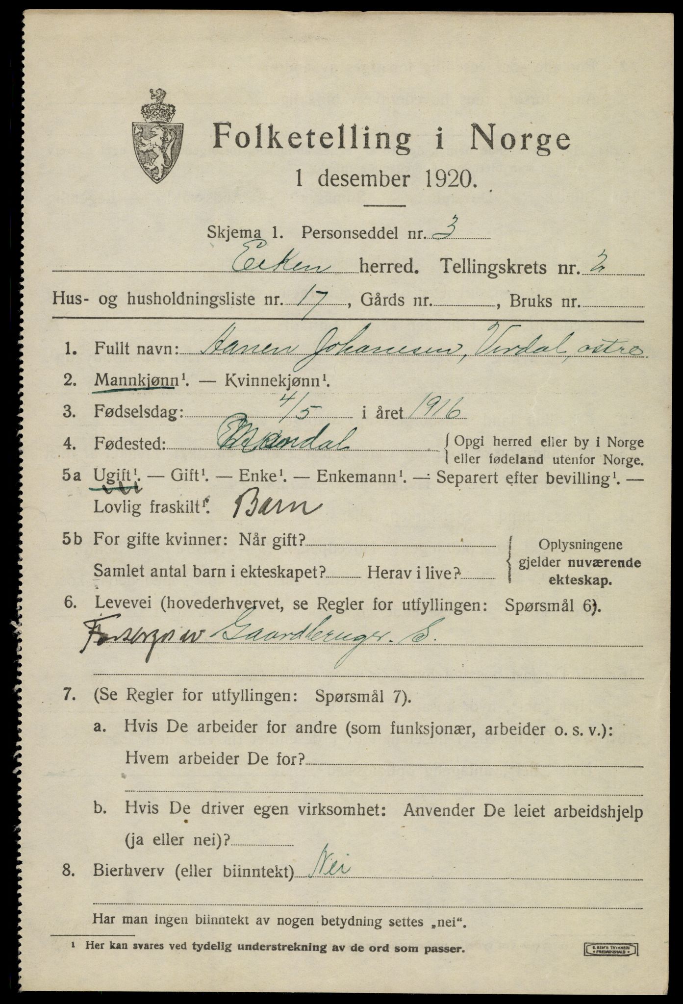 SAK, 1920 census for Eiken, 1920, p. 933