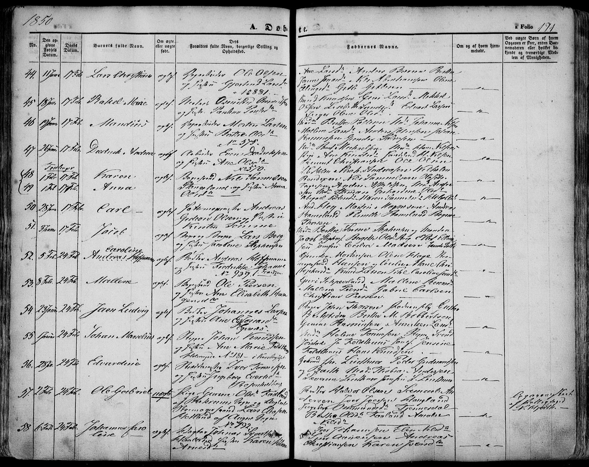 Domkirken sokneprestkontor, AV/SAST-A-101812/001/30/30BA/L0016: Parish register (official) no. A 15, 1844-1854, p. 171