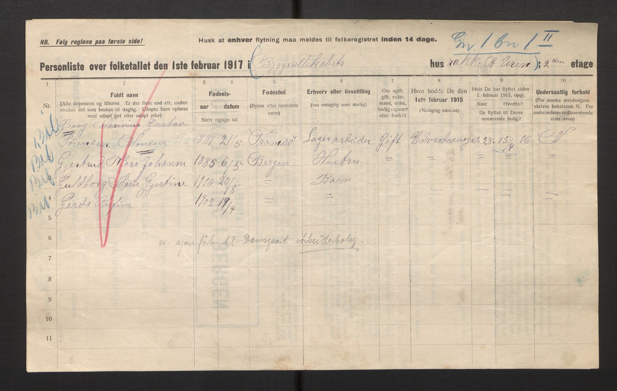 SAB, Municipal Census 1917 for Bergen, 1917, p. 46681