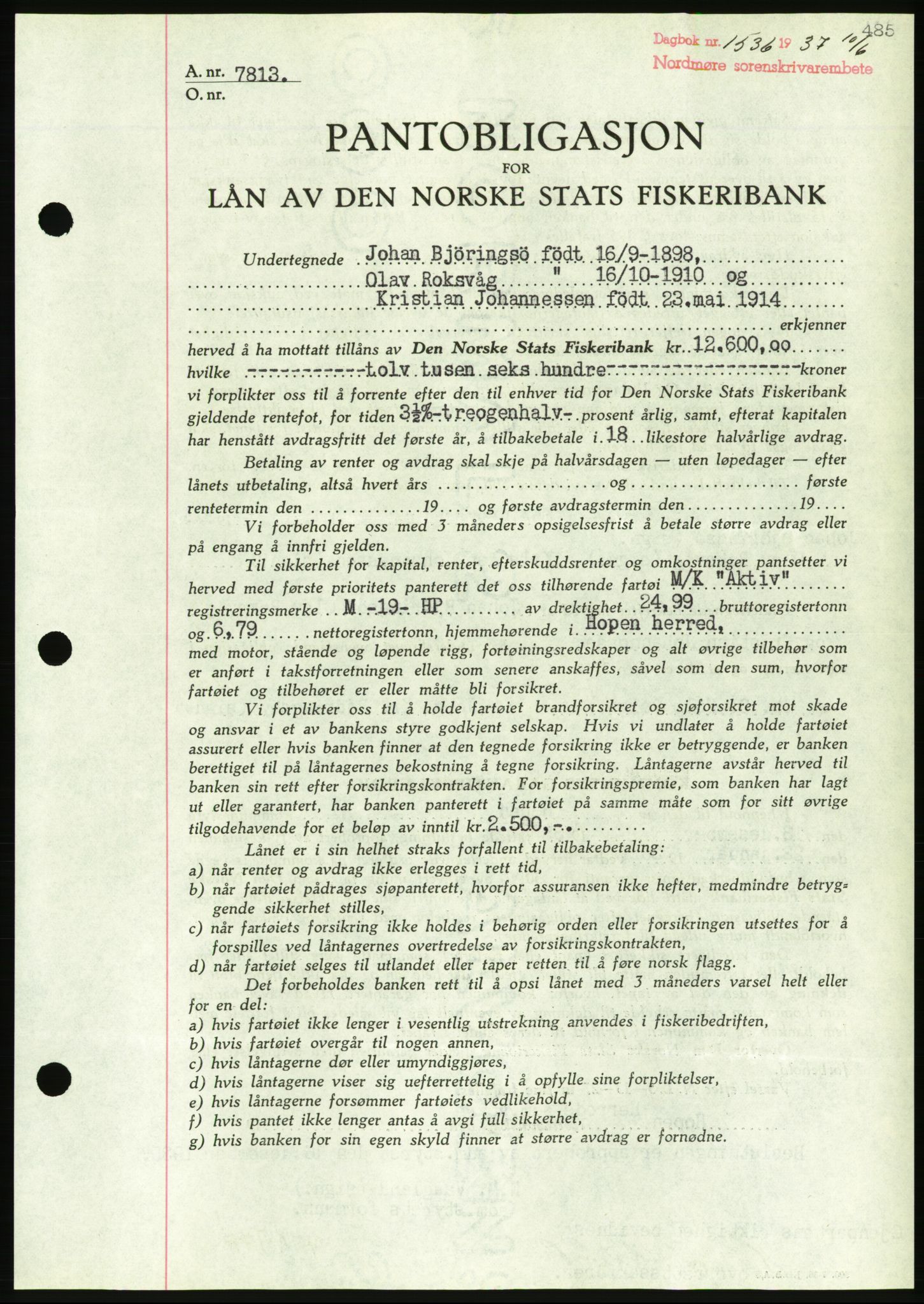 Nordmøre sorenskriveri, AV/SAT-A-4132/1/2/2Ca/L0091: Mortgage book no. B81, 1937-1937, Diary no: : 1536/1937