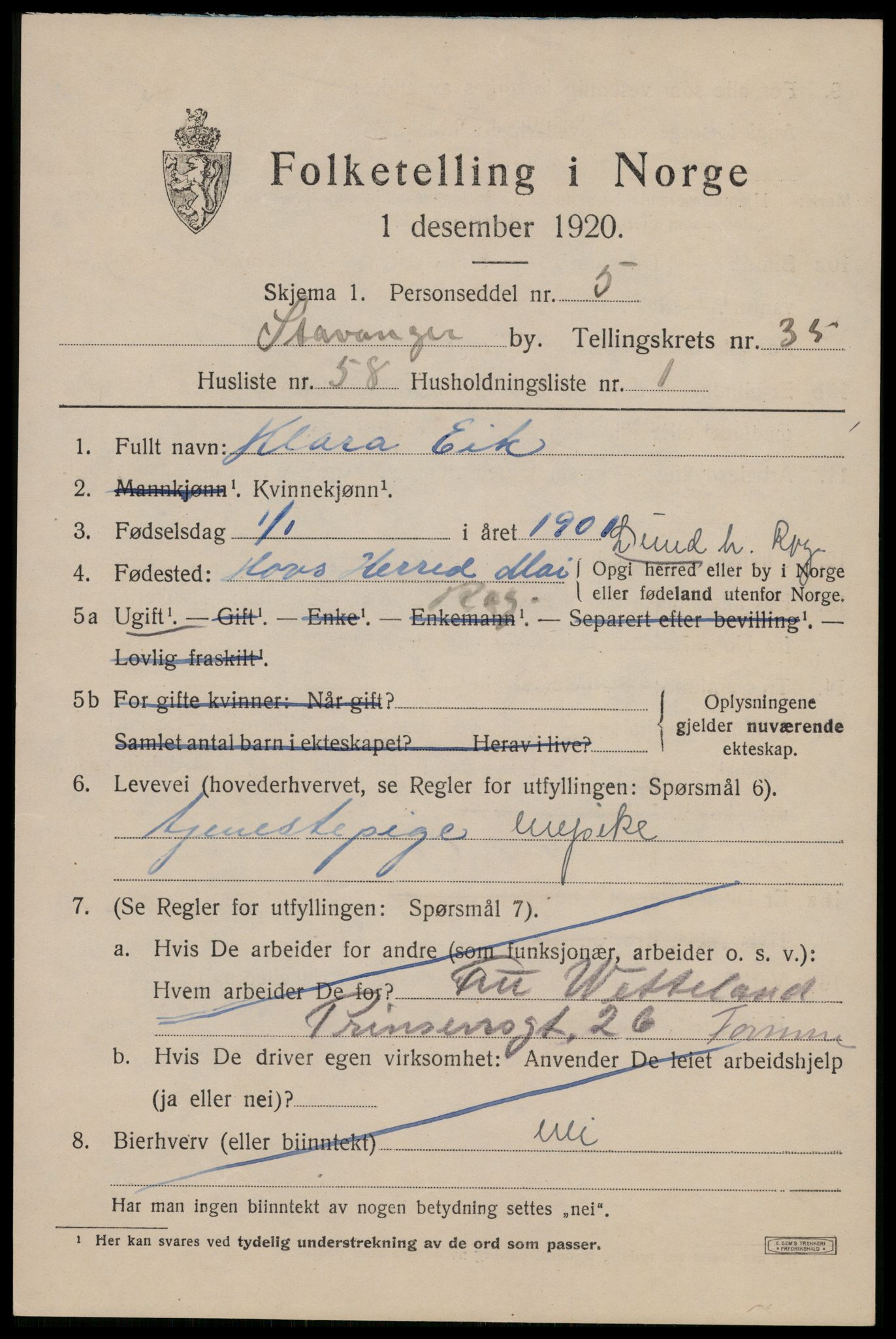 SAST, 1920 census for Stavanger, 1920, p. 94712