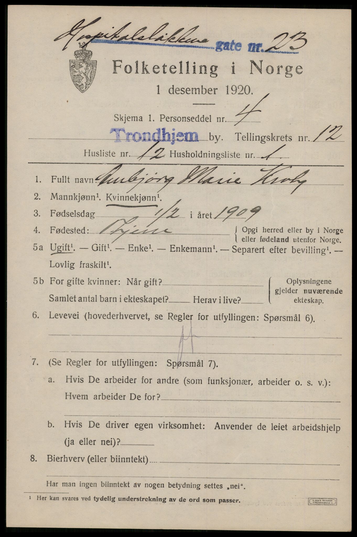 SAT, 1920 census for Trondheim, 1920, p. 48040