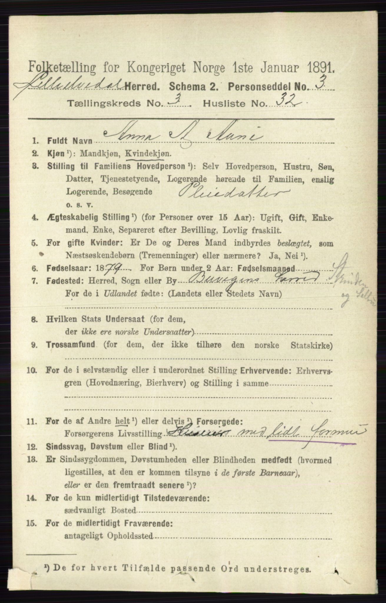 RA, 1891 census for 0438 Lille Elvedalen, 1891, p. 1292